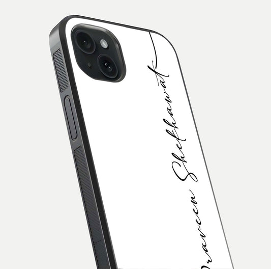 White Tune Custom Name Glass Case for iPhone 15 Plus close-up angled shot highlighting gloss reflection and texture