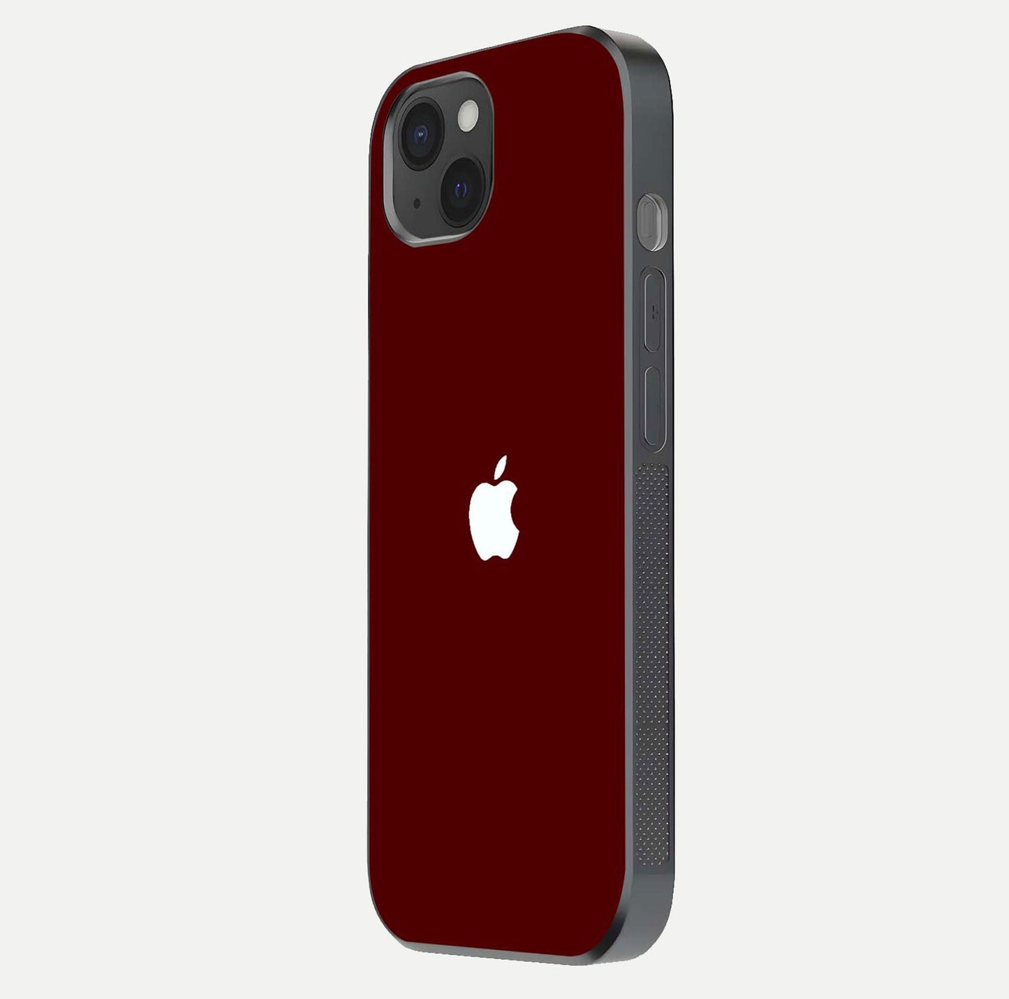 Apple Crimson Core Glass Case for iPhone 15 Plus side-angle shot showing camera bump alignment and glossy shine