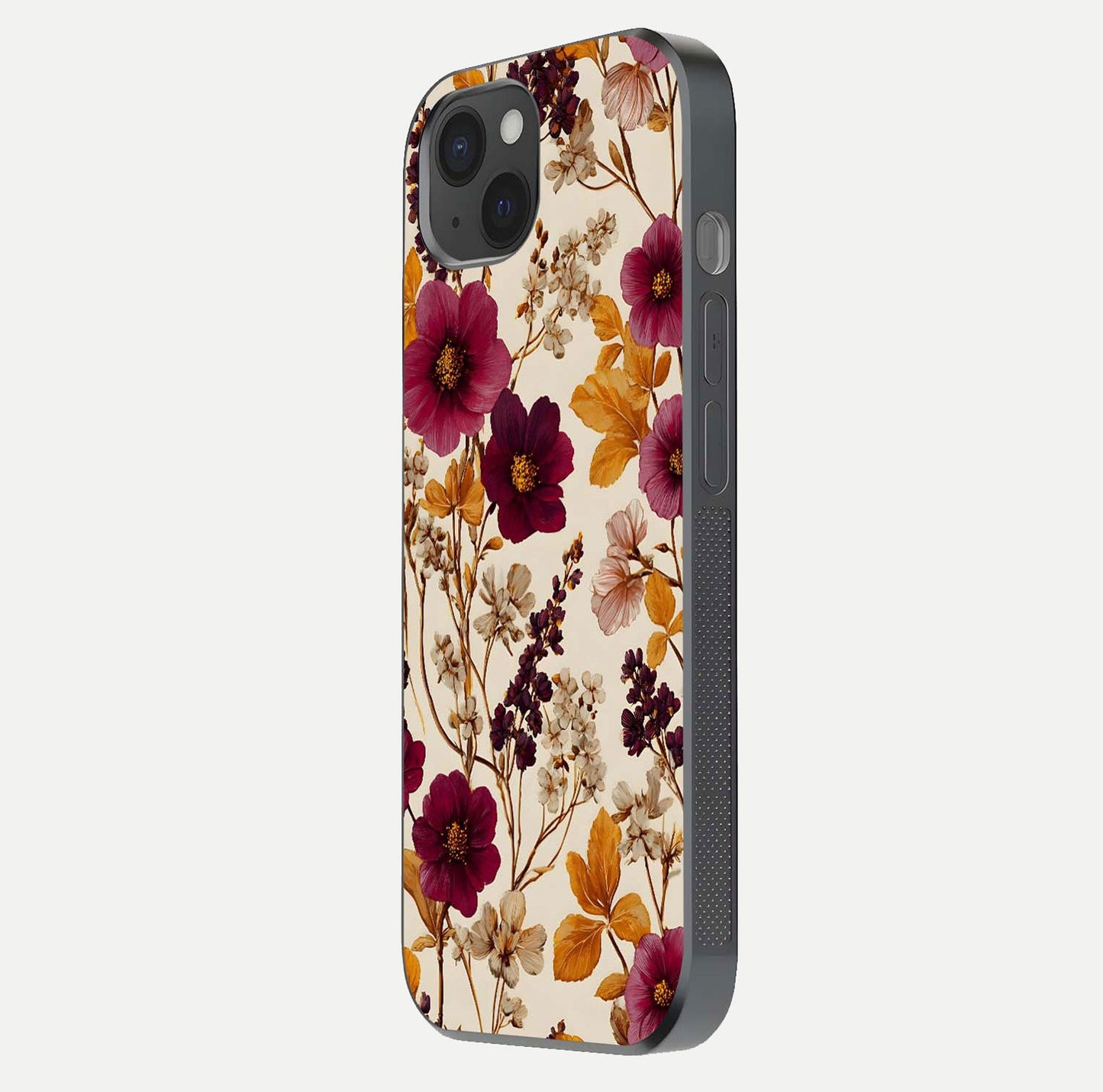 Autumn Wine Bloom Glass Case for iPhone 15 Plus side-angle showcasing floral design, texture gloss, and camera frame