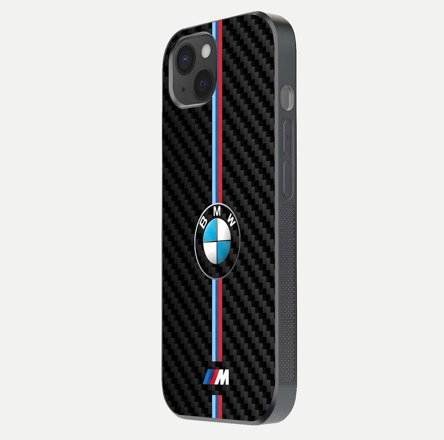 BMW Pattern Glass Case for iPhone 15 Plus side-angle image showing edge finish and luxury car-inspired shine