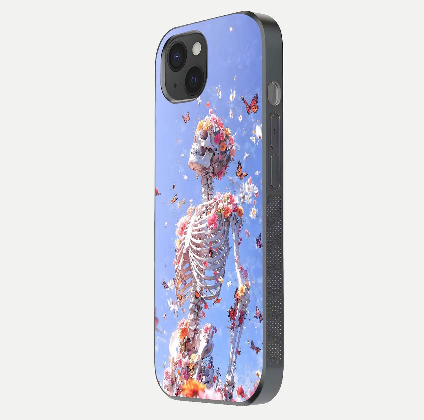 Bloom Beyond Bones Glass Case for iPhone 15 Plus side-angle image highlighting print precision and gloss finish
