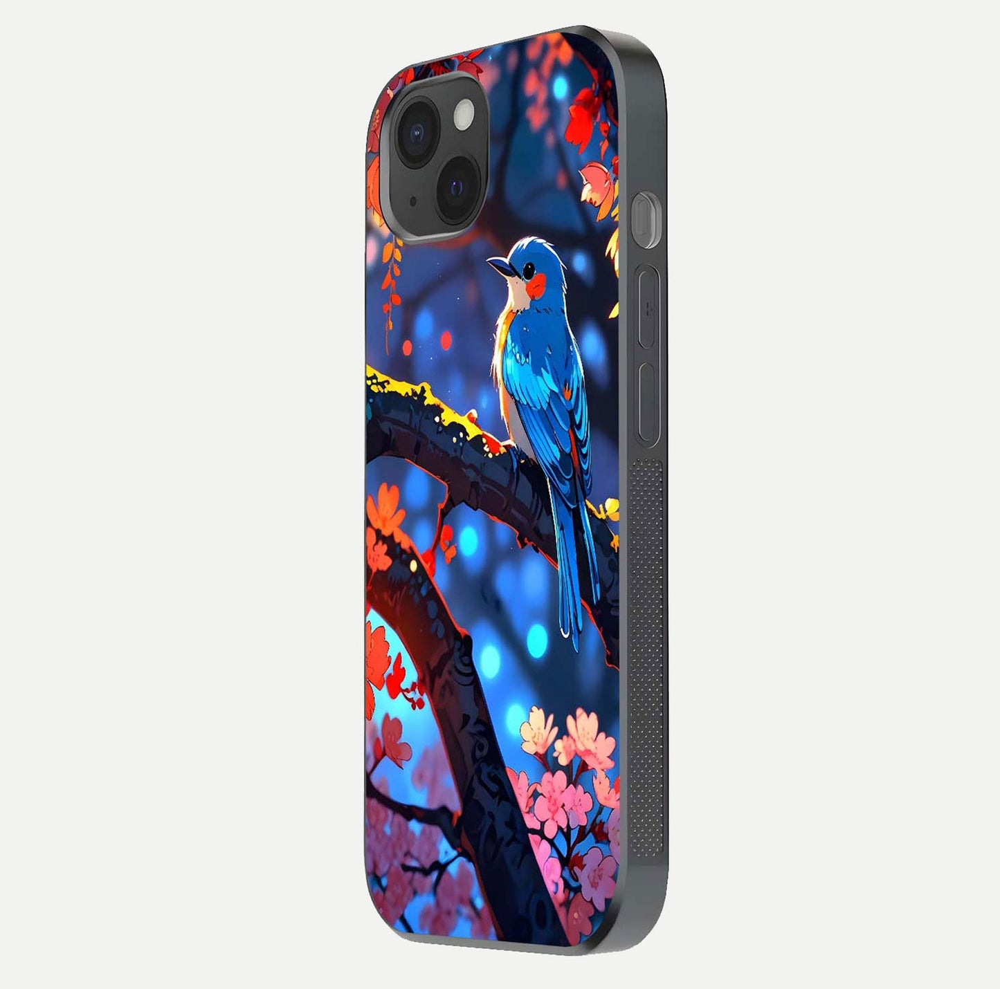 Blooming Spendor Bird Glass Case for iPhone 15 Plus side-angle photo showing floral wings and reflection finish