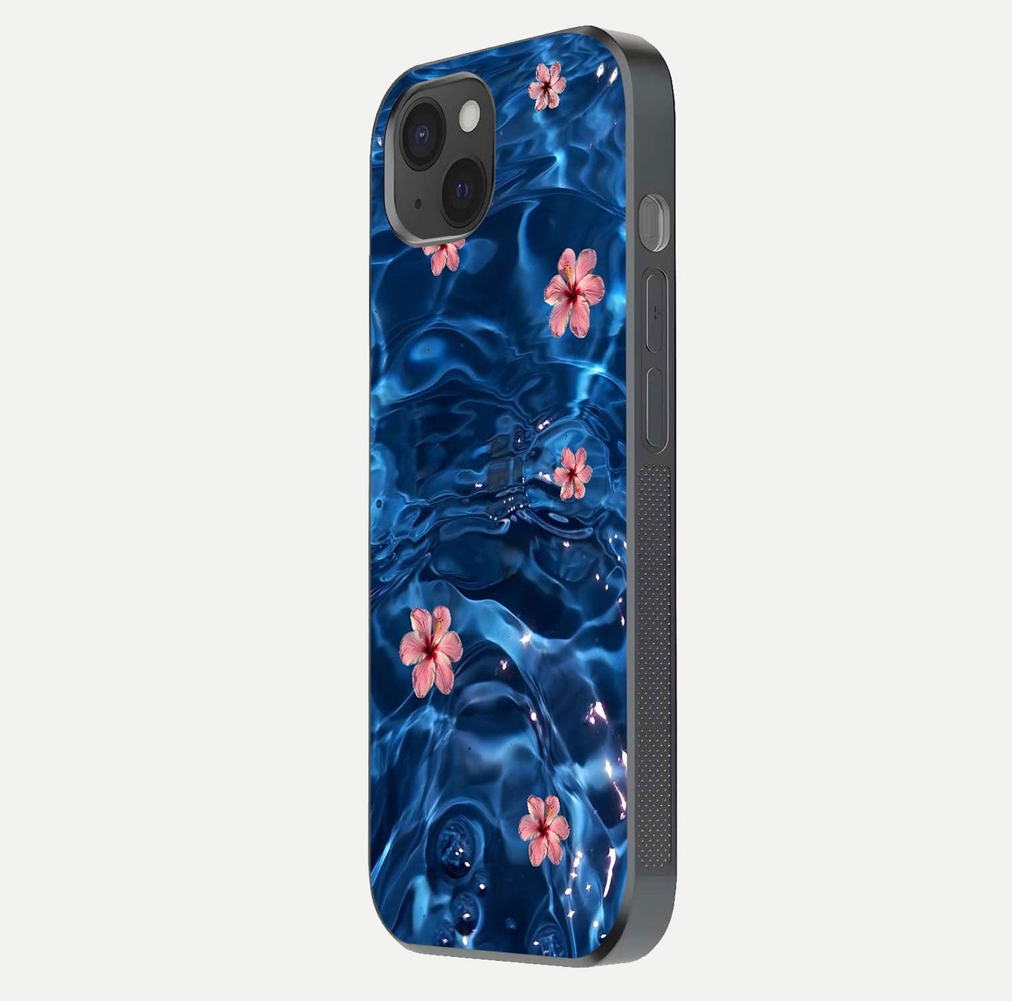 Blooming Water Drift Glass Case for iPhone 15 Plus side-angle image showcasing blossom flow, curved corners, and HD glass gloss