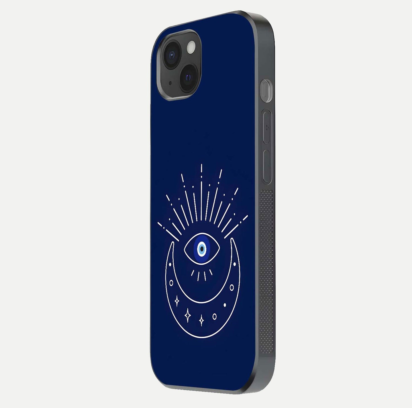 Blue Evil Eye Glass Case for iPhone 15 Plus side-angle view showing edge glow, color balance, and reflective surface