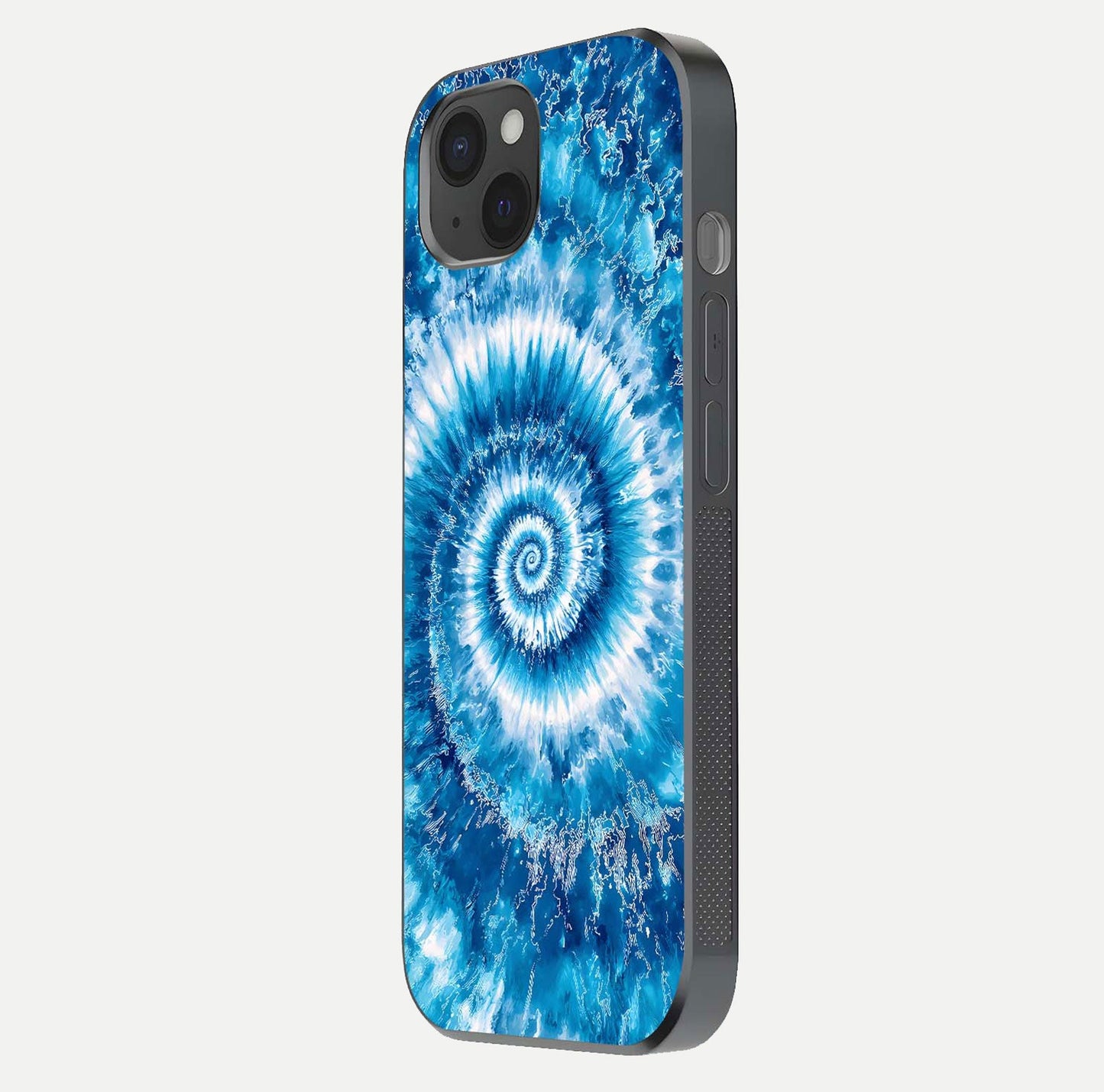 Blue Galaxy Wave Glass Case for iPhone 15 Plus side-angle image showing wave ripple art and glass gloss