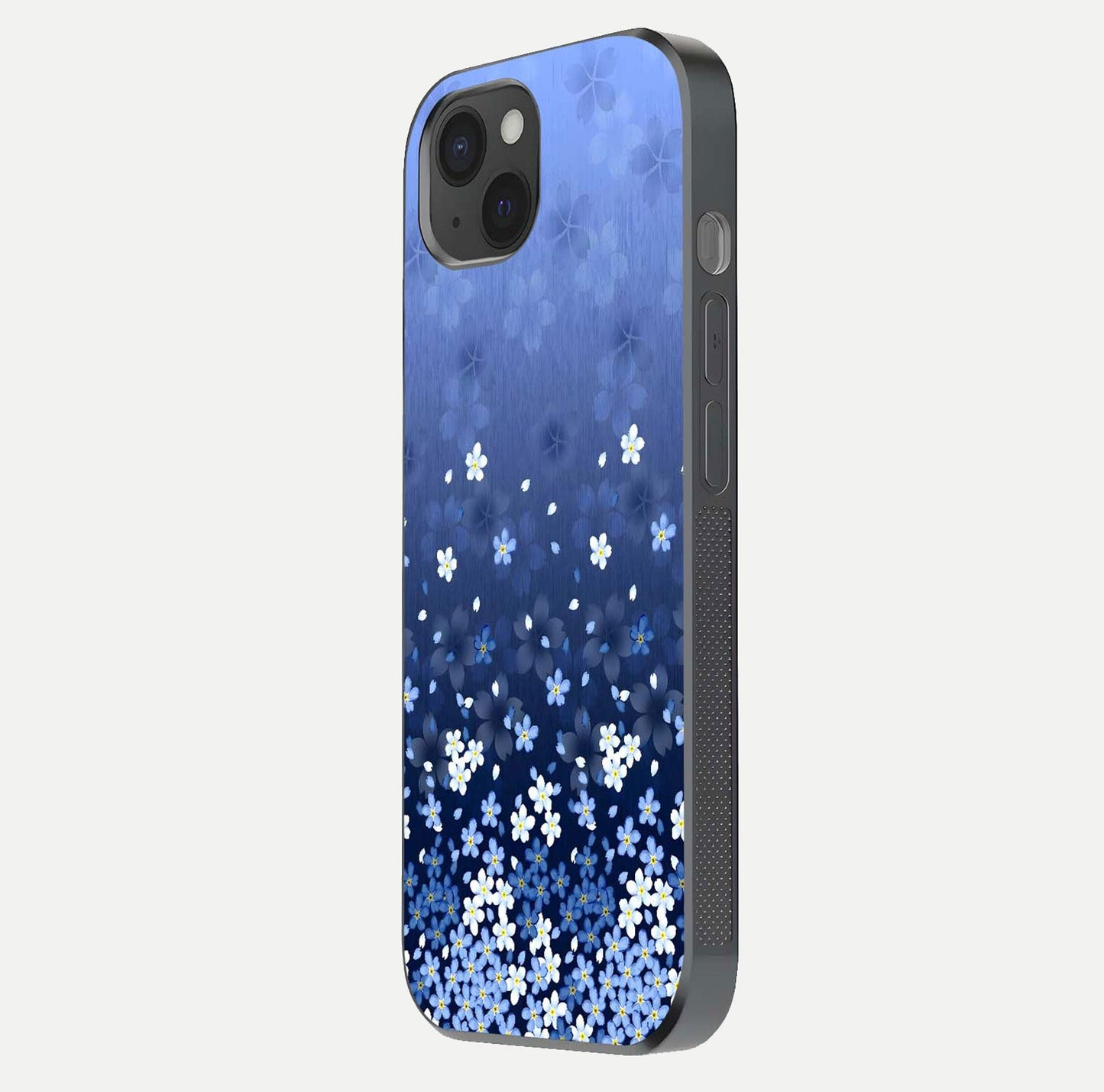 Blue Starry Glass Case for iPhone 15 Plus side-angle photo showing light reflection and detailed star pattern