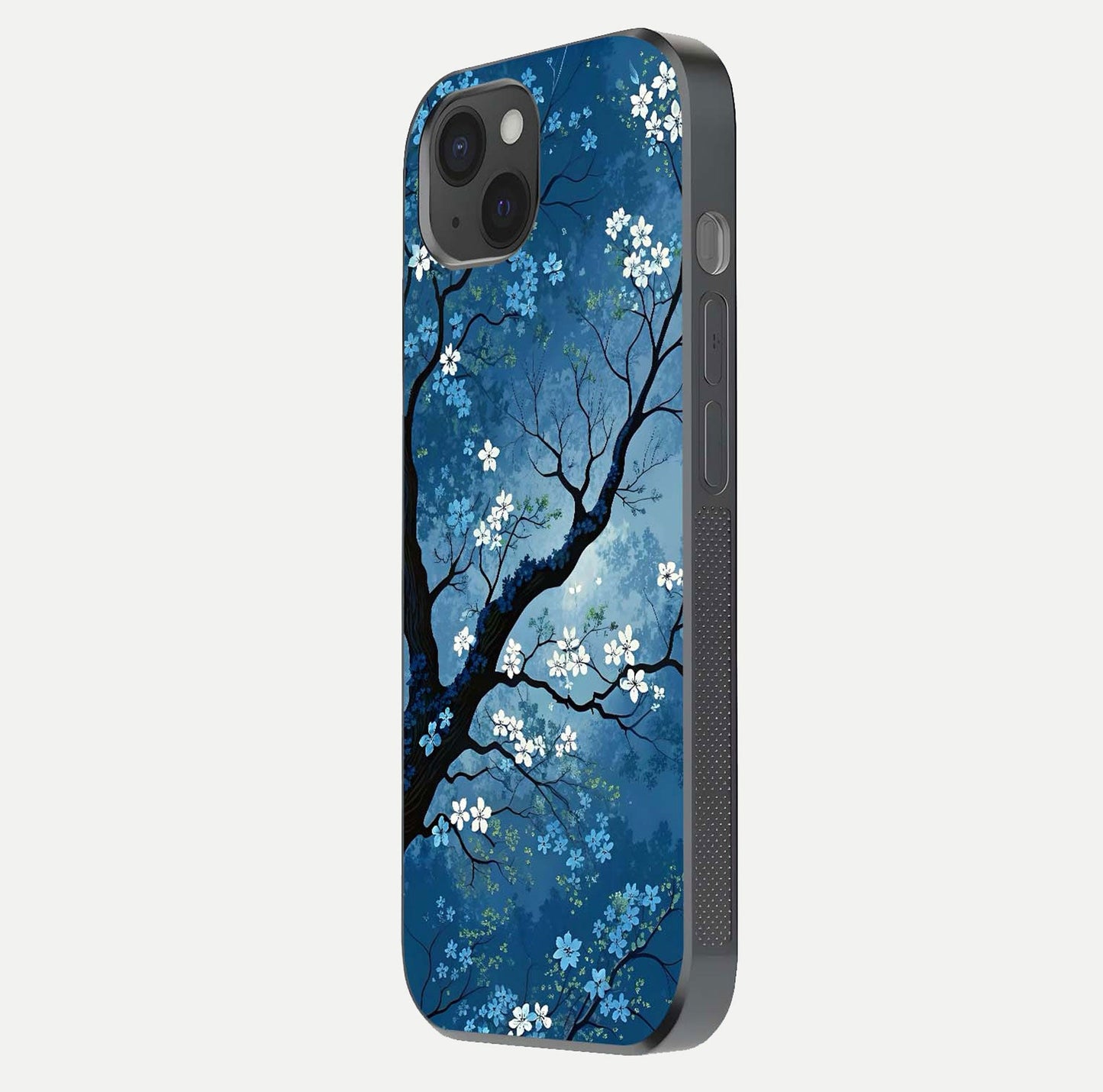 Blue Tree Serenity Glass Case for iPhone 15 Plus side-angle shot showing glossy edge and tree pattern reflection