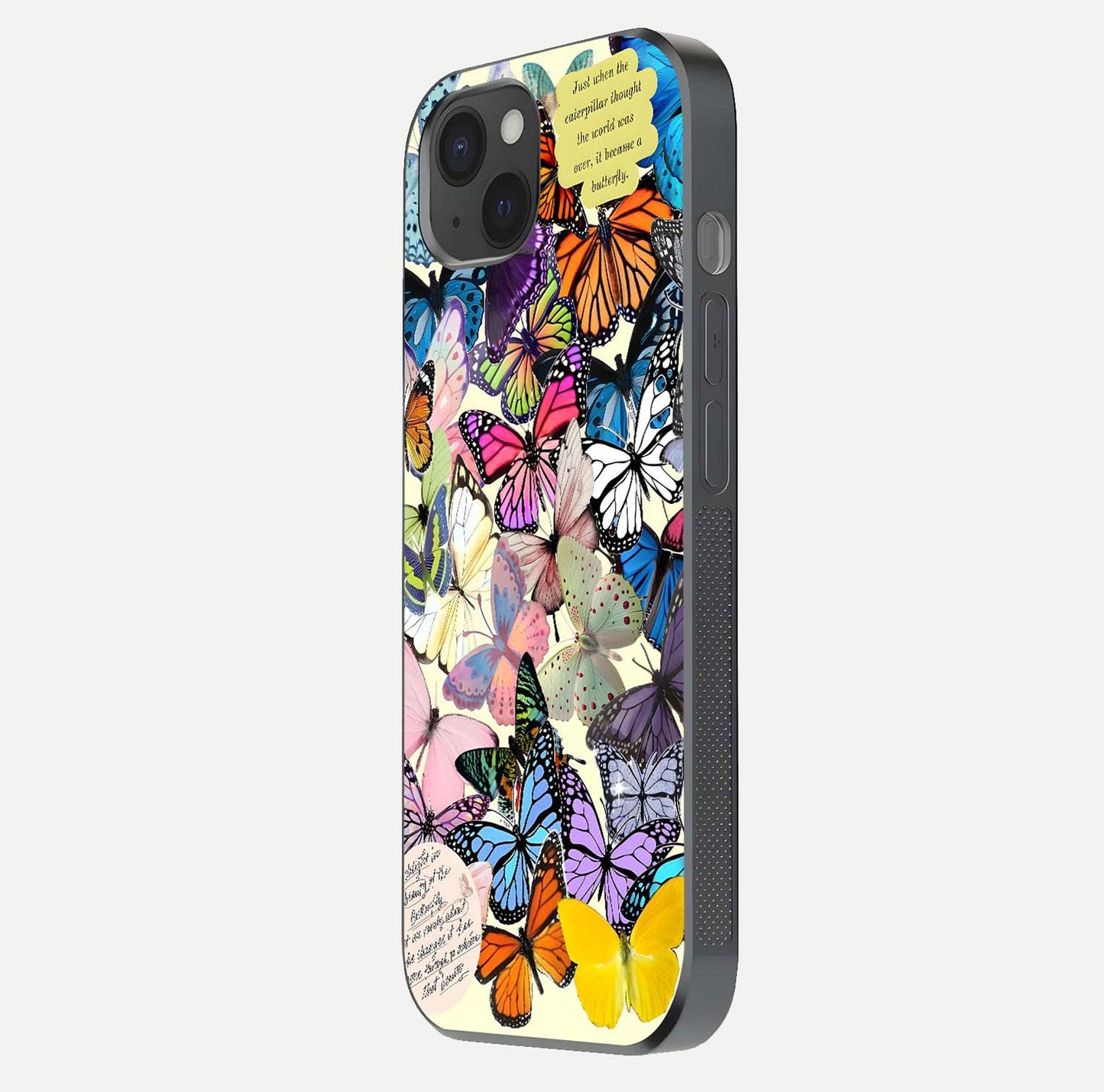 Butterflies Petal Dream Glass Case for iPhone 15 Plus side-angle shot showing butterfly motion and curved edges