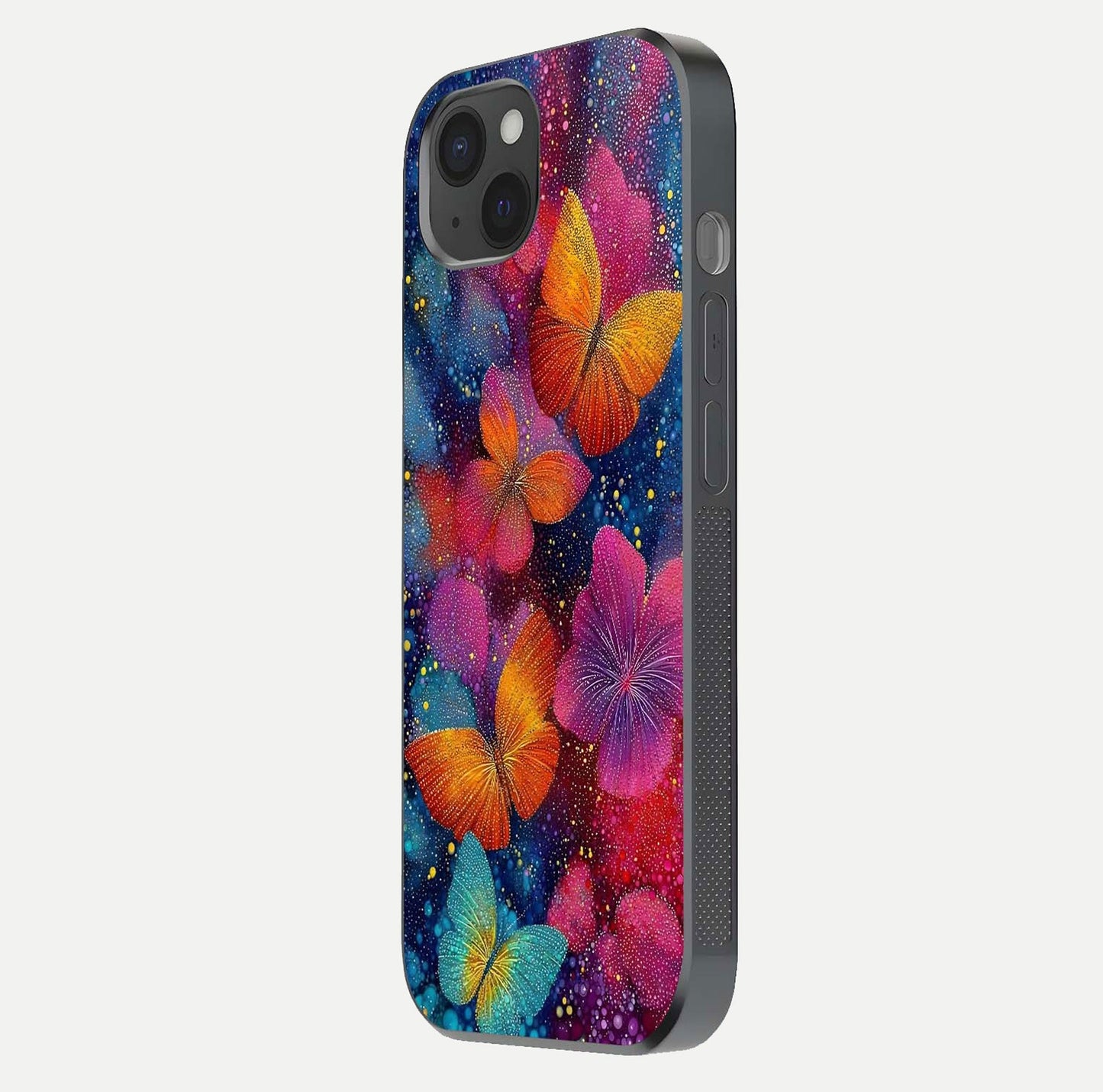 Butterfly Dream Mist Glass Case for iPhone 15 Plus side-angle image showing soft gradient and reflective glow