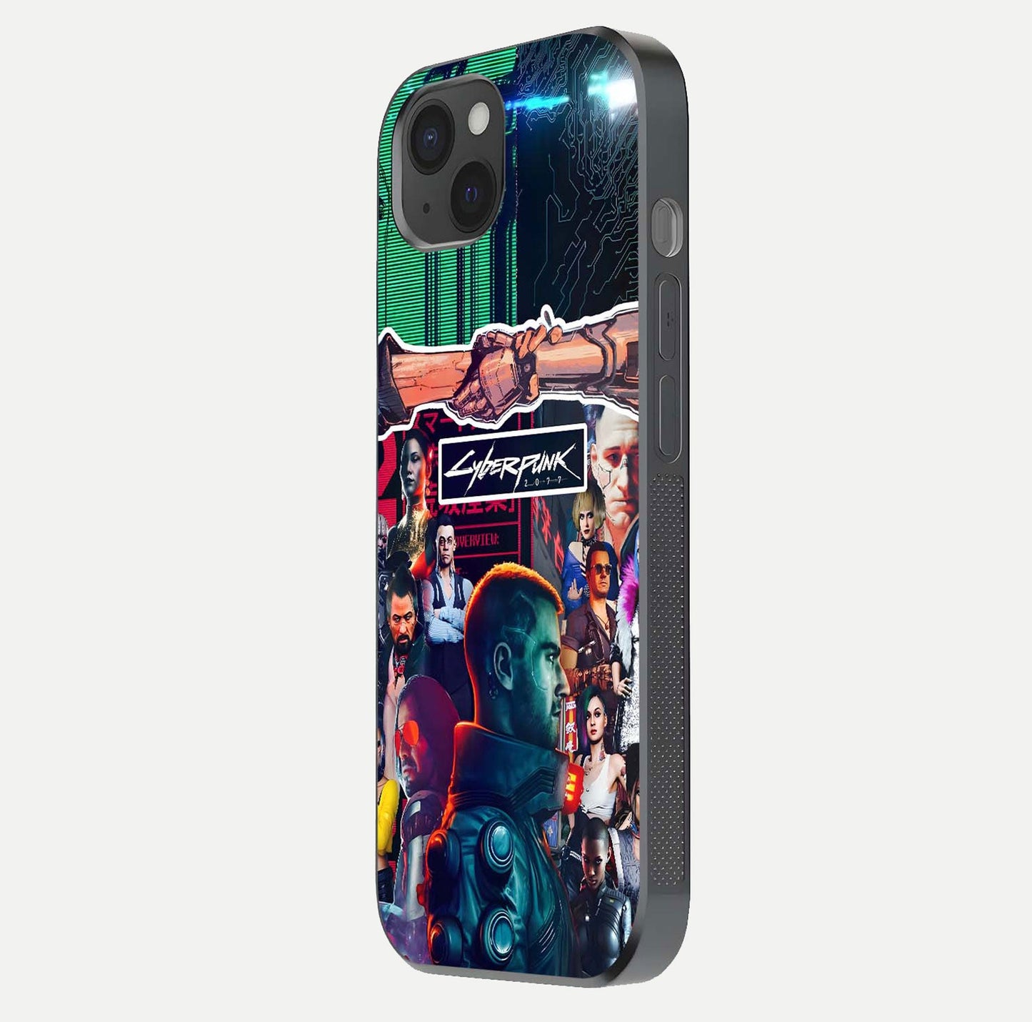 CYBERPUNK Legacy Glass Case for iPhone 15 Plus side-angle photo showing edge glow and reflective surface