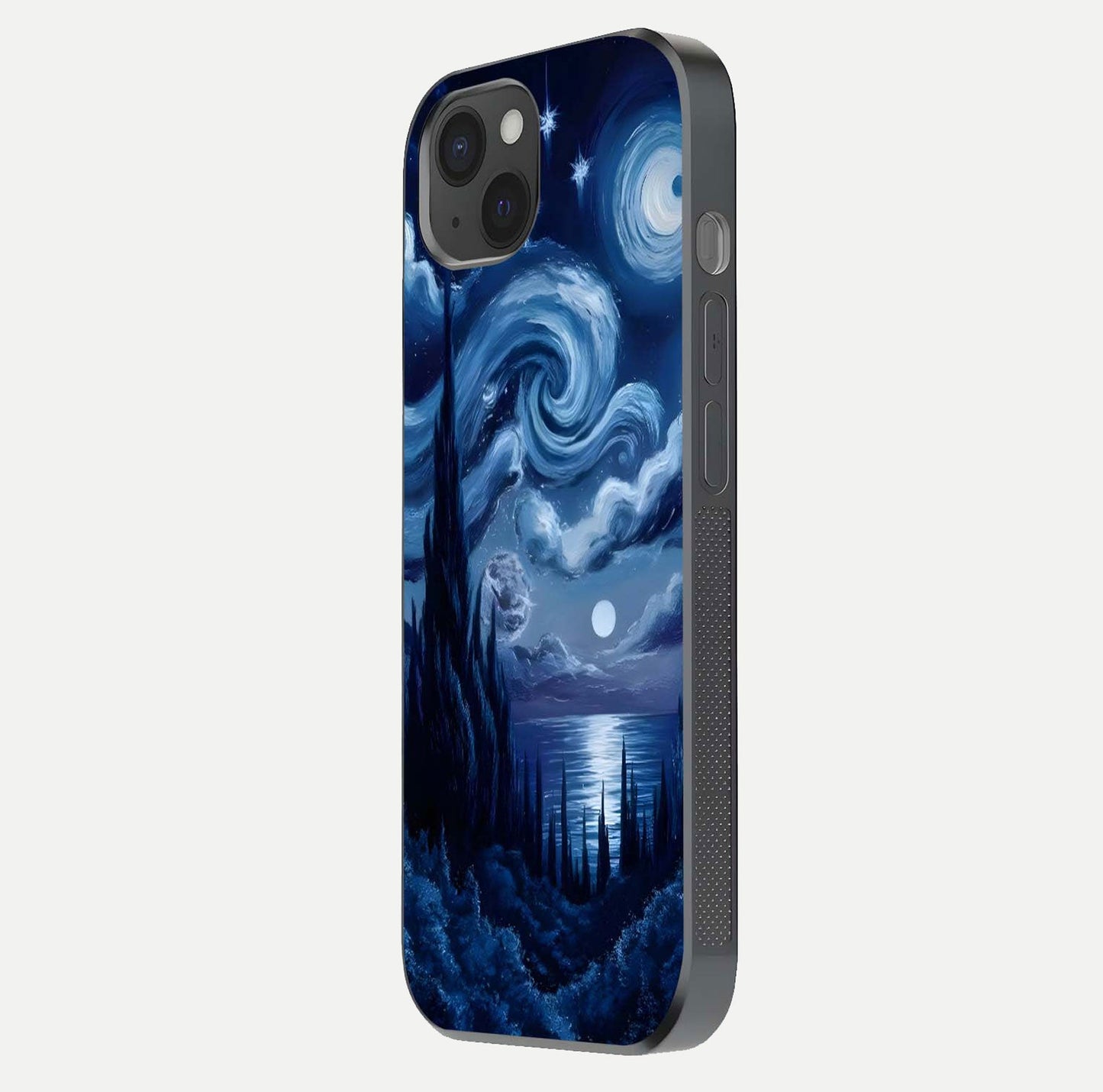 Celestial Dream Van Gogh Glass Case for iPhone 15 Plus side-angle photo showing depth swirl design and curved reflection