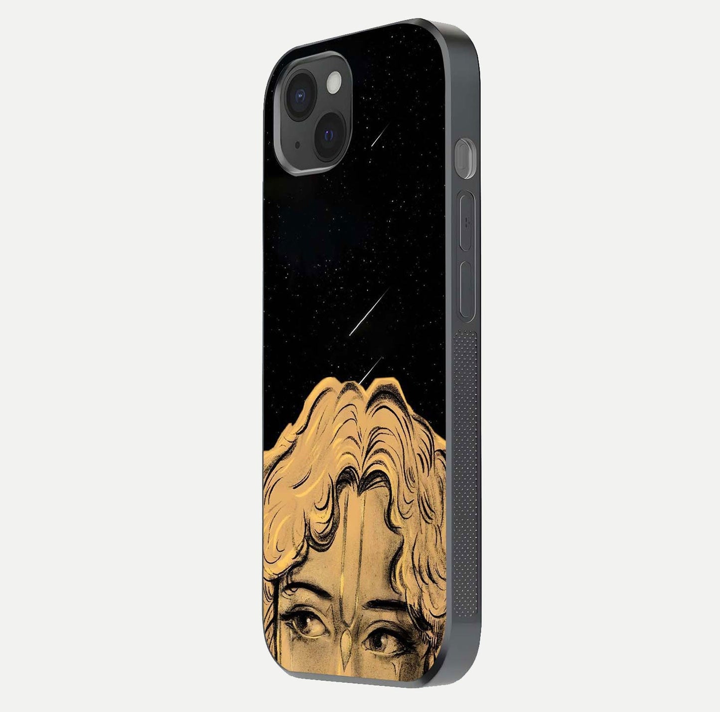 Celestial God’s Plan Glass Case for iPhone 15 Plus side-angle image showing gloss, camera frame, and cosmic tones