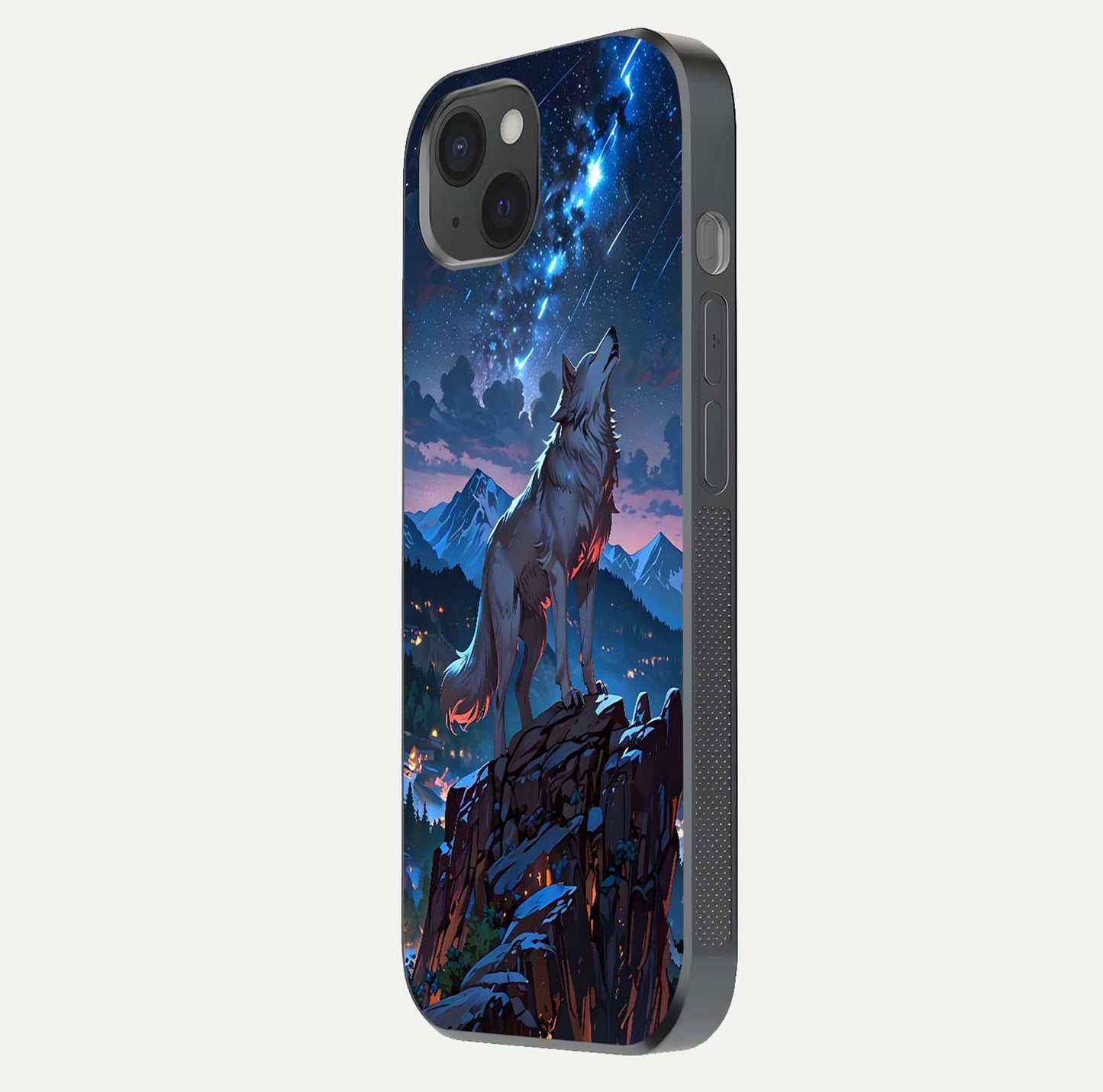 Celestial Wolf Howl Glass Case for iPhone 15 Plus side-angle image showing curve polish and moon glow
