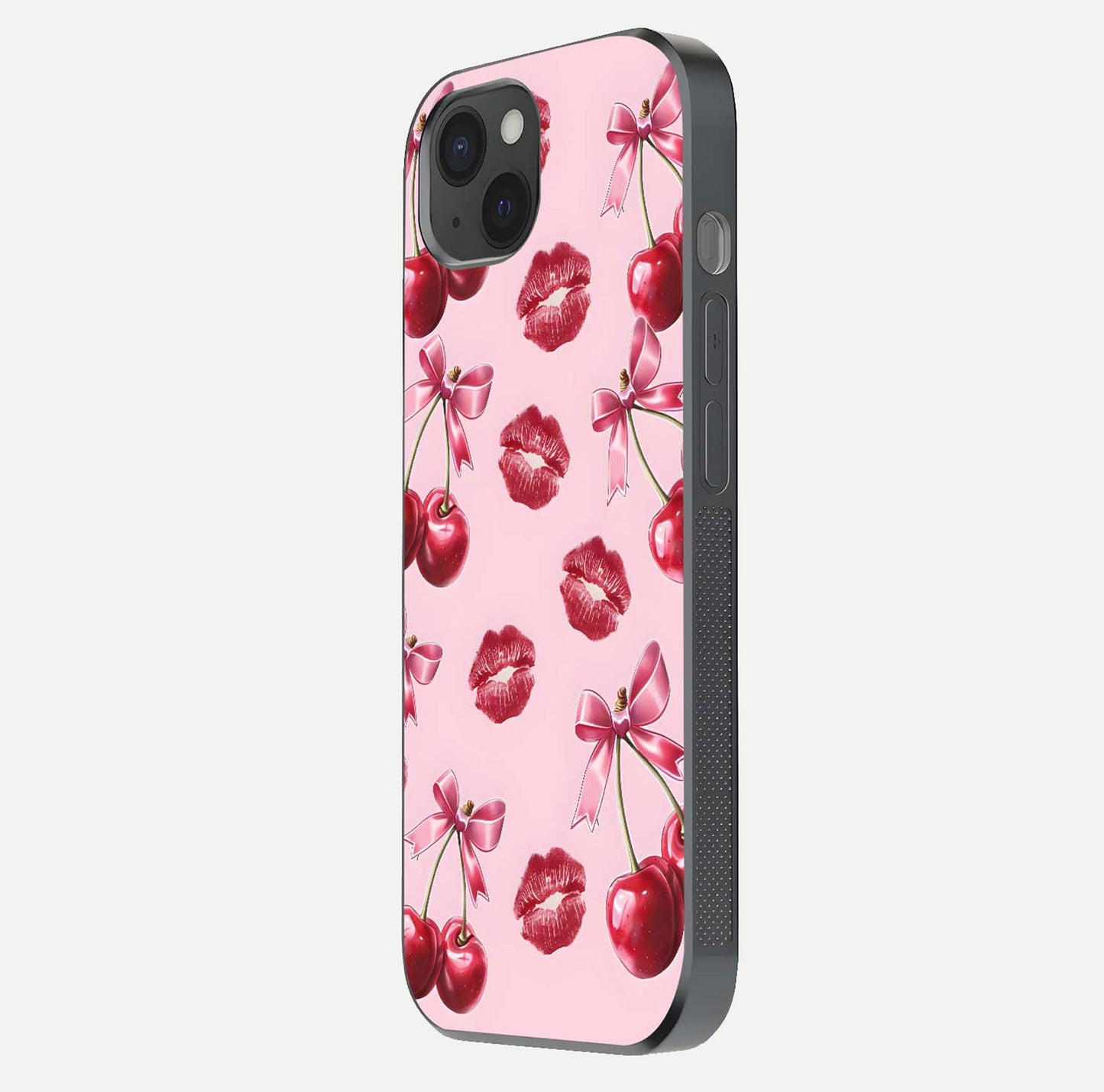 Cherry With Lips Glass Case for iPhone 15 Plus side-angle image showing gloss reflection and fine details