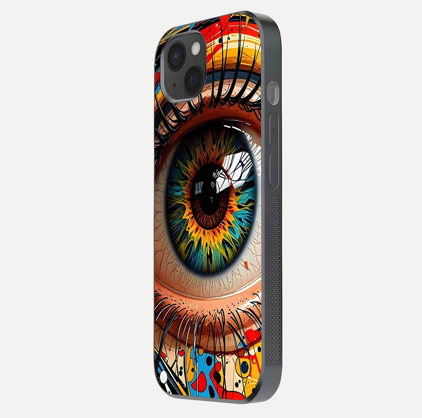 Colorful Eye Glass Case for iPhone 15 Plus side-angle photo showing reflective surface and design detail