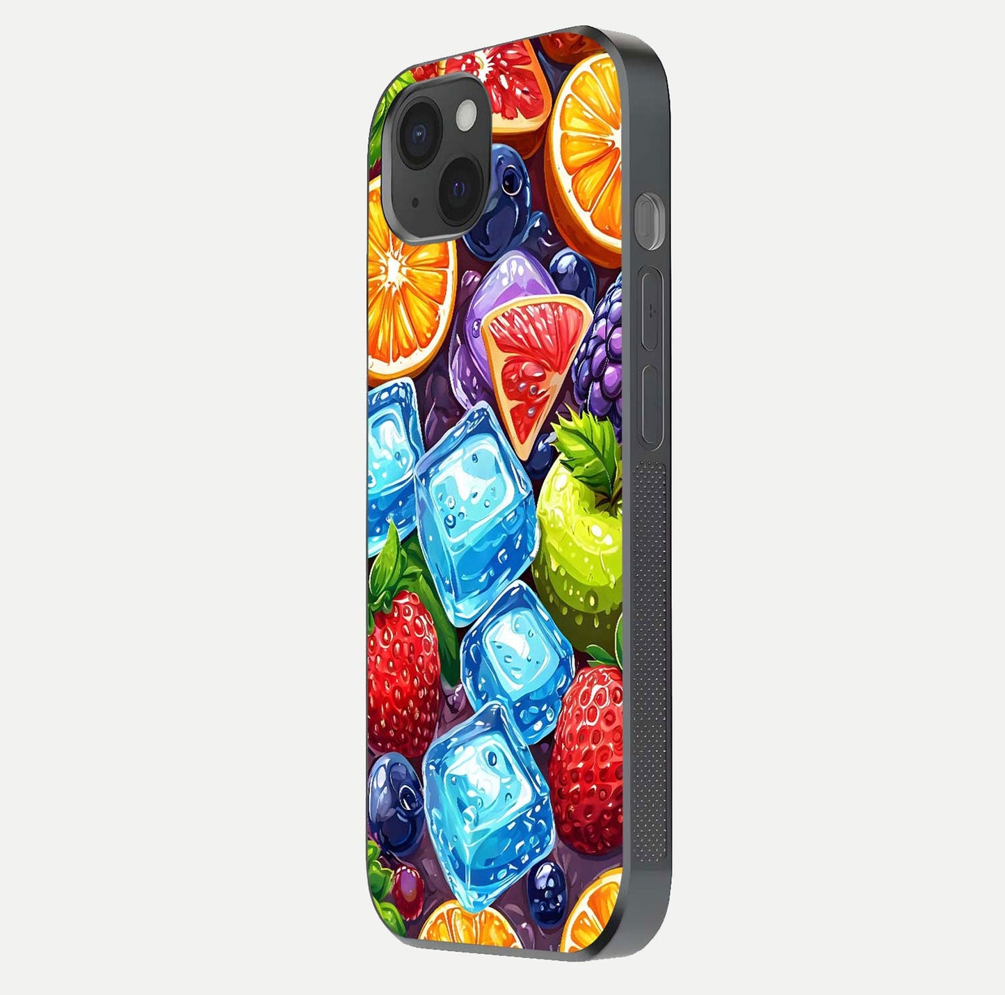 Colorful Fruits with Ice Glass Case for iPhone 15 Plus side-angle photo showing curve gloss and vivid tones