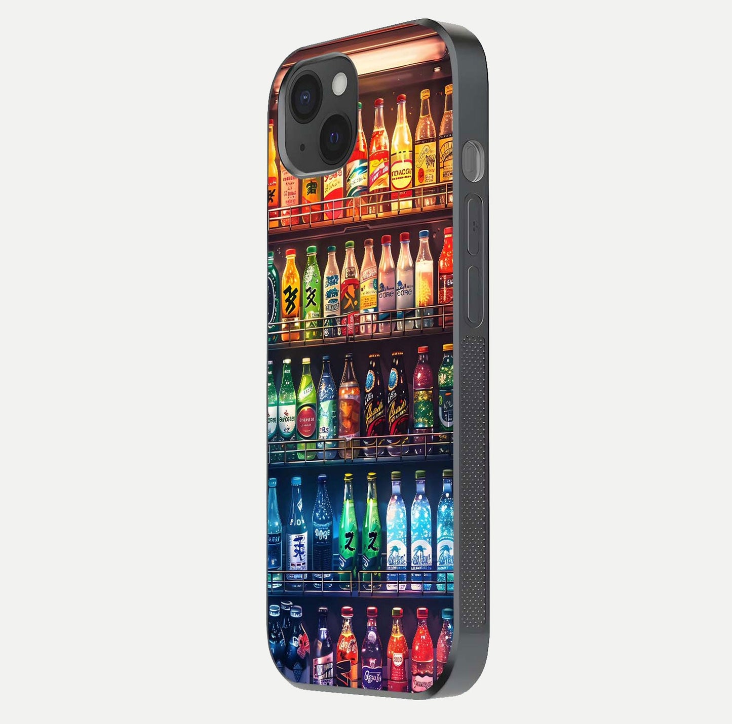 Colorful Soda Bottles Glass Case for iPhone 15 Plus side-angle photo showing polish shine and texture depth