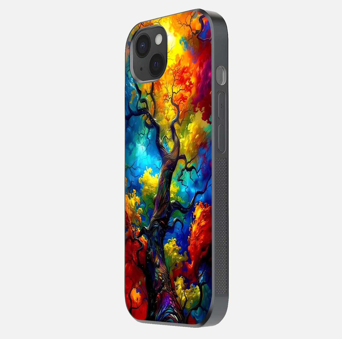 Colorful Tree Glass Case for iPhone 15 Plus side-angle image showing curve reflection and fine print texture