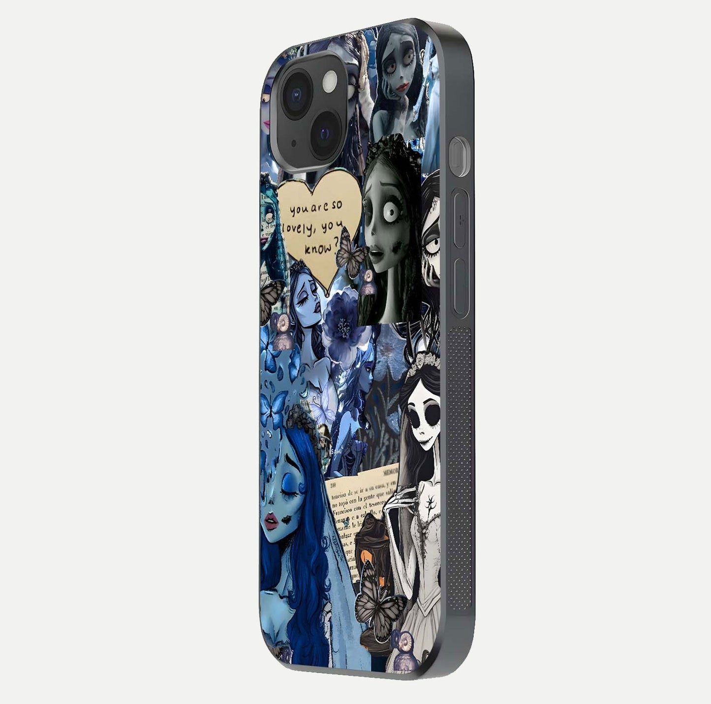 Corpse Bride Posters Glass Case for iPhone 15 Plus side-angle image capturing gloss reflection and smooth edge