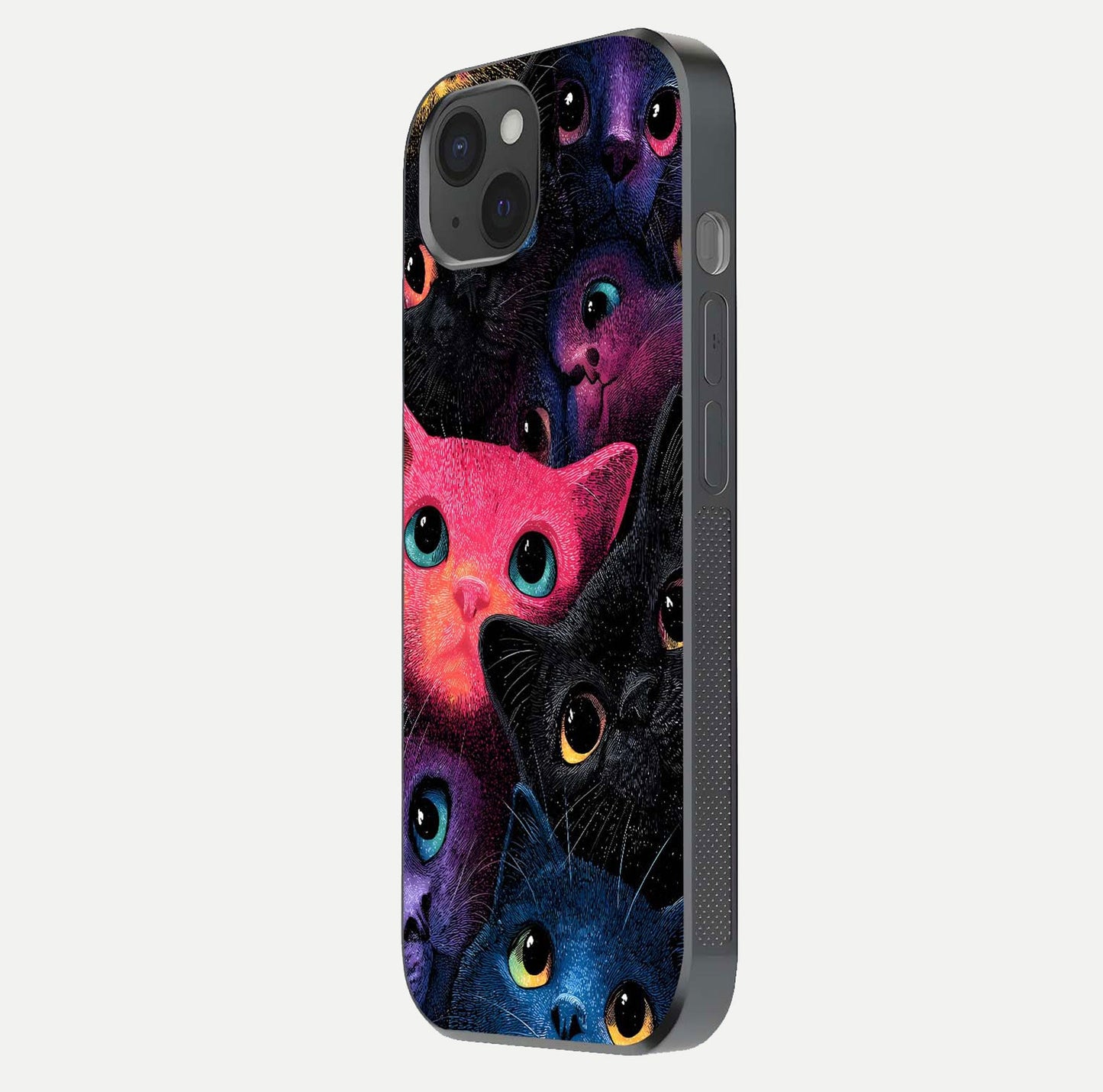 Cosmic Cats Dreams Glass Case for iPhone 15 Plus side-angle photo showing edge gloss and color depth
