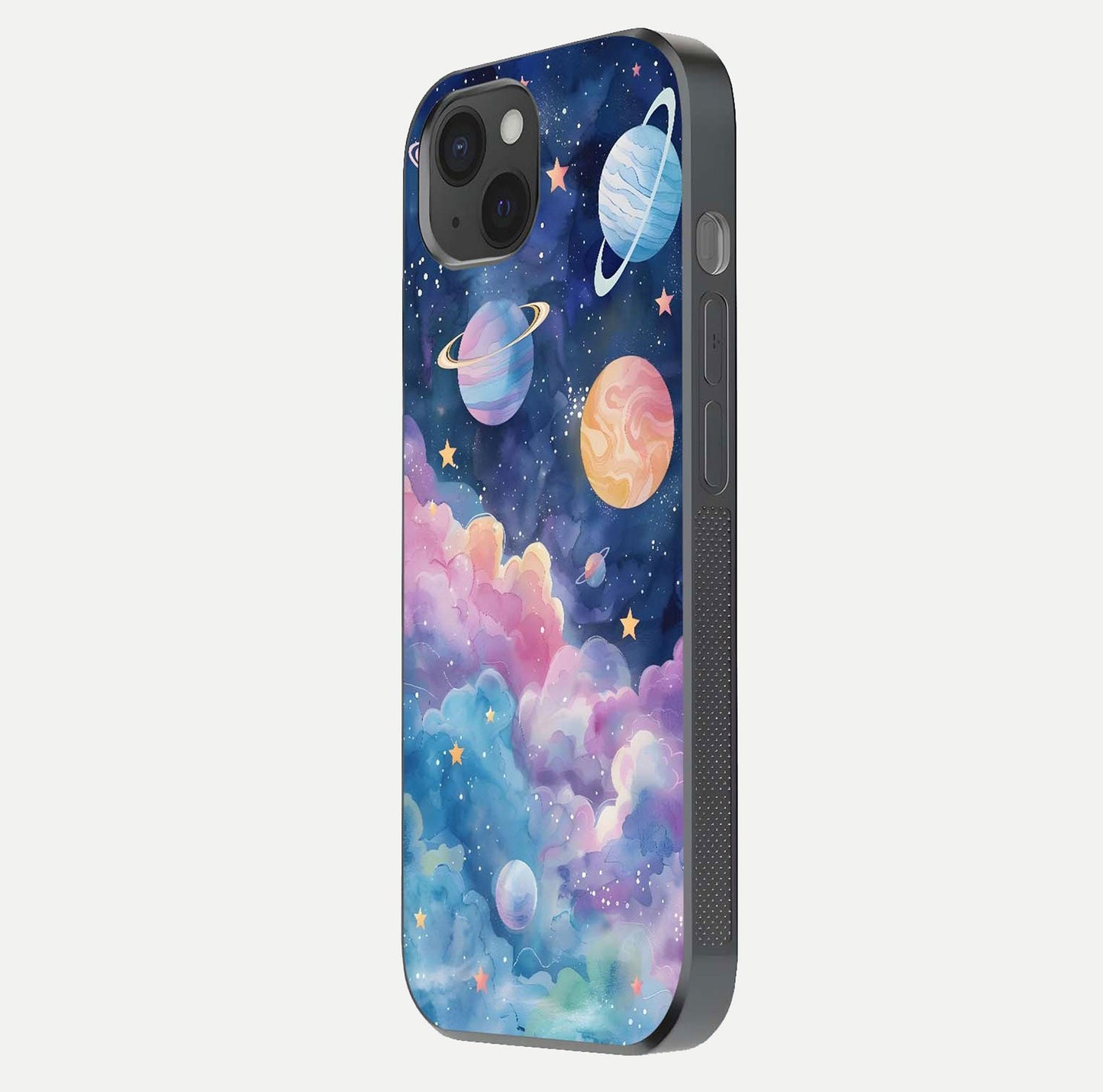 Cosmic Planet Dreams Glass Case for iPhone 15 Plus side-angle image showing texture clarity and shine