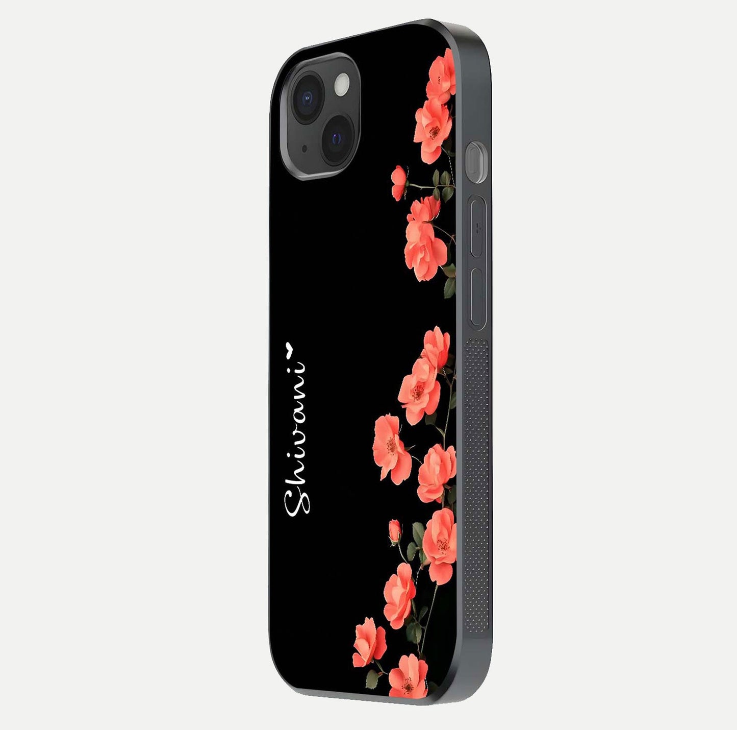 Crimson Bloom Grace Custom Name Glass Case for iPhone 15 Plus side-angle photo capturing edge glow and name clarity
