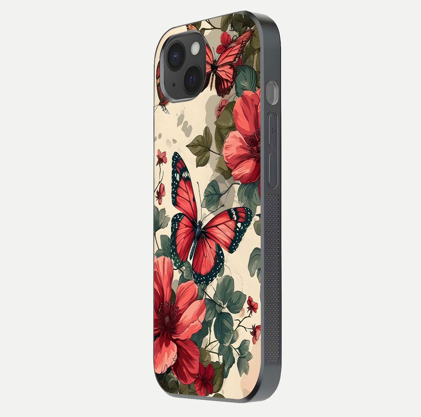 Crimson Butterfly Garden Glass Case for iPhone 15 Plus side-angle photo capturing gloss texture and soft tone
