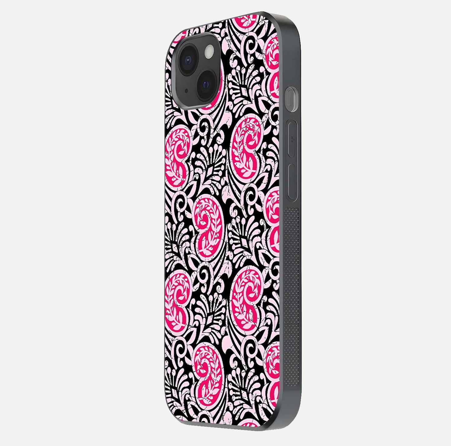 Crimson Paisley Charm Glass Case for iPhone 15 Plus side-angle image showing reflection and smooth edges