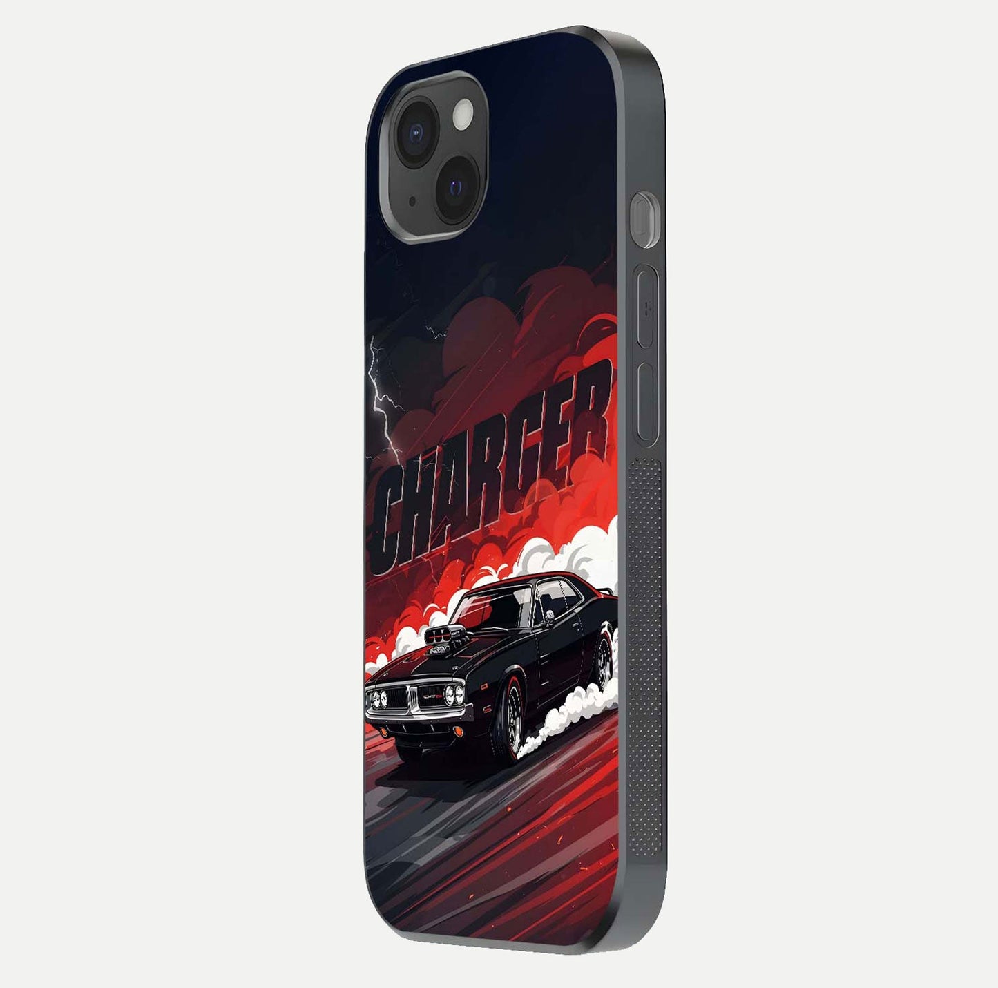 Dark Charger Fury Glass Case for iPhone 15 Plus side-angle image showing edge gloss and bold tone
