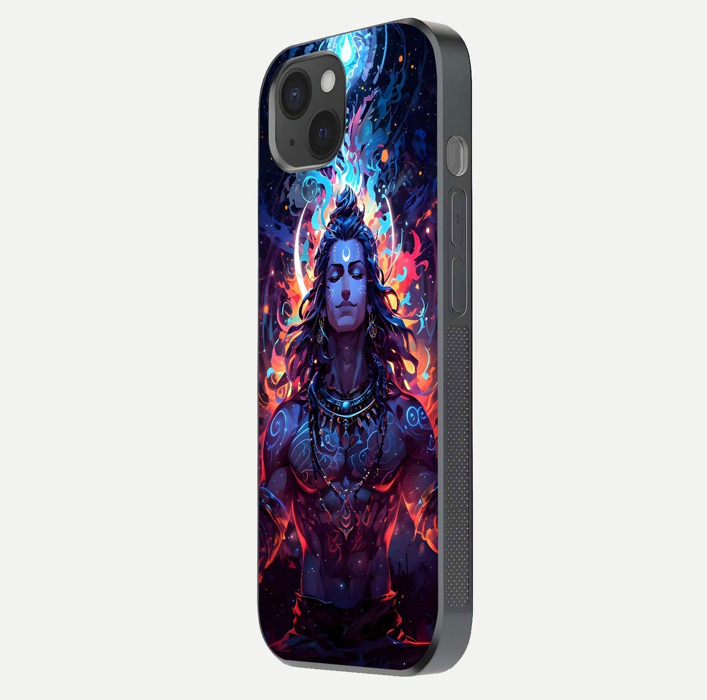 Divine Fire Shiv Glass Case for iPhone 15 Plus side-angle image showing reflection clarity and shine