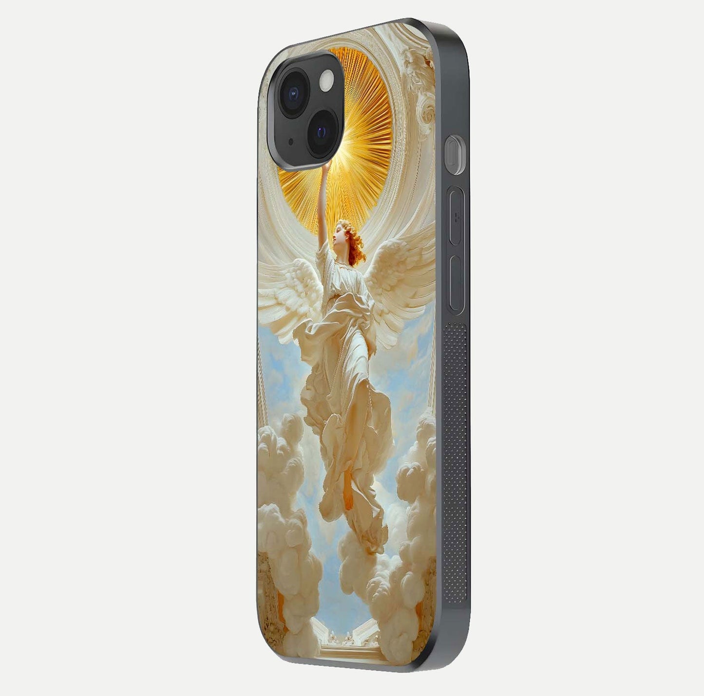 Divine Light Angel Glass Case for iPhone 15 Plus side-angle image capturing reflection shine and edge finish