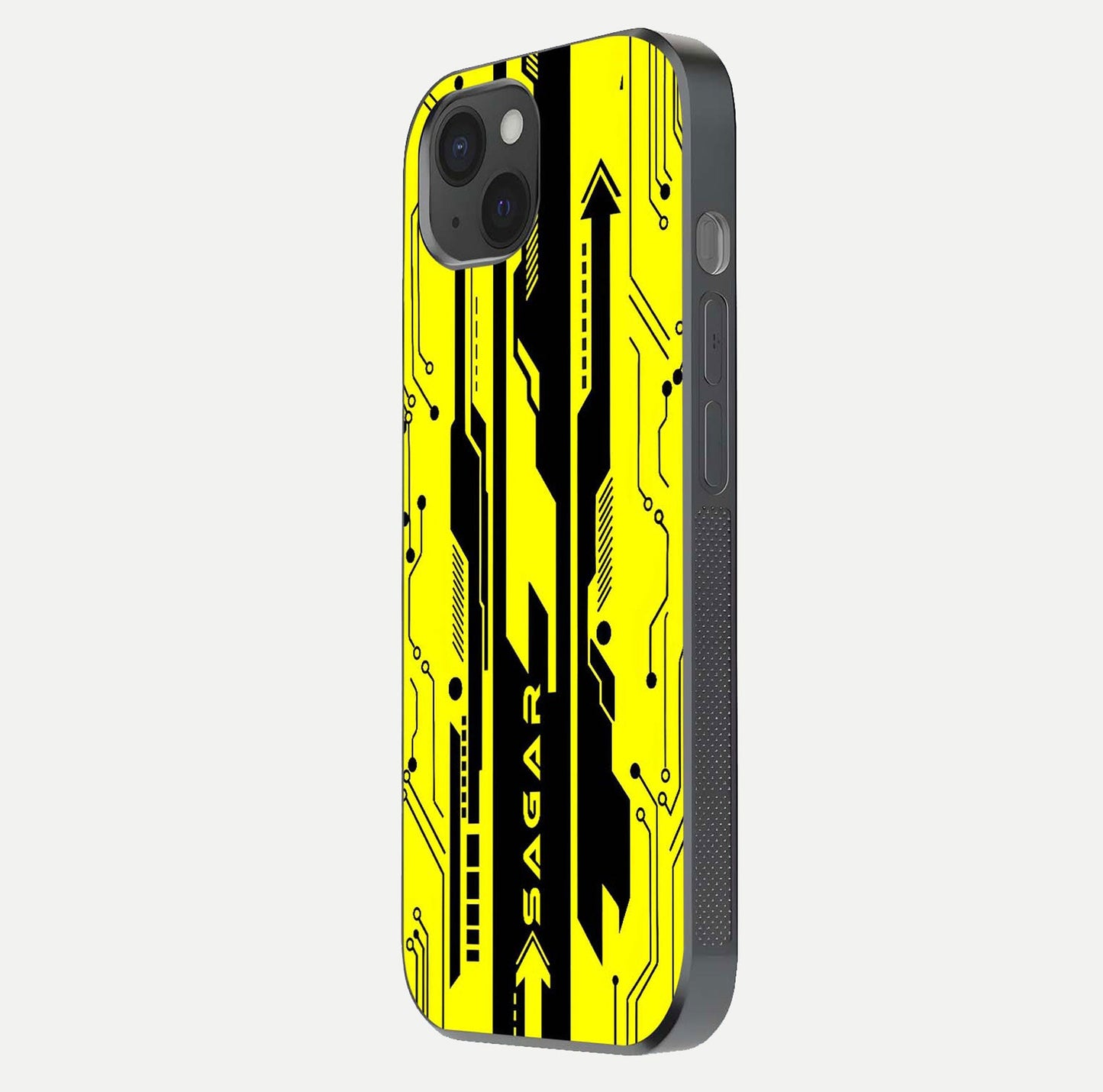 Electric Pulse CYBERPUNK Custom Name Glass Case for iPhone 15 Plus side-angle image showing glossy reflection and edge illumination