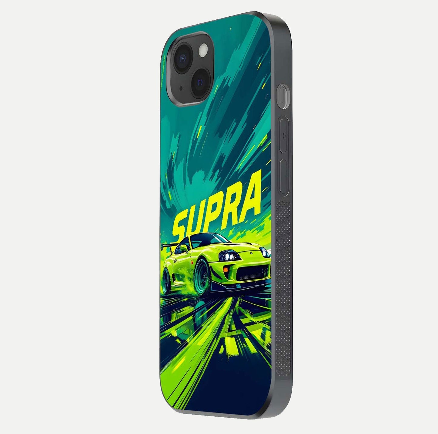 Electric Supra Thunder Glass Case for iPhone 15 Plus side-angle photo showing sleek car outline and reflective shine