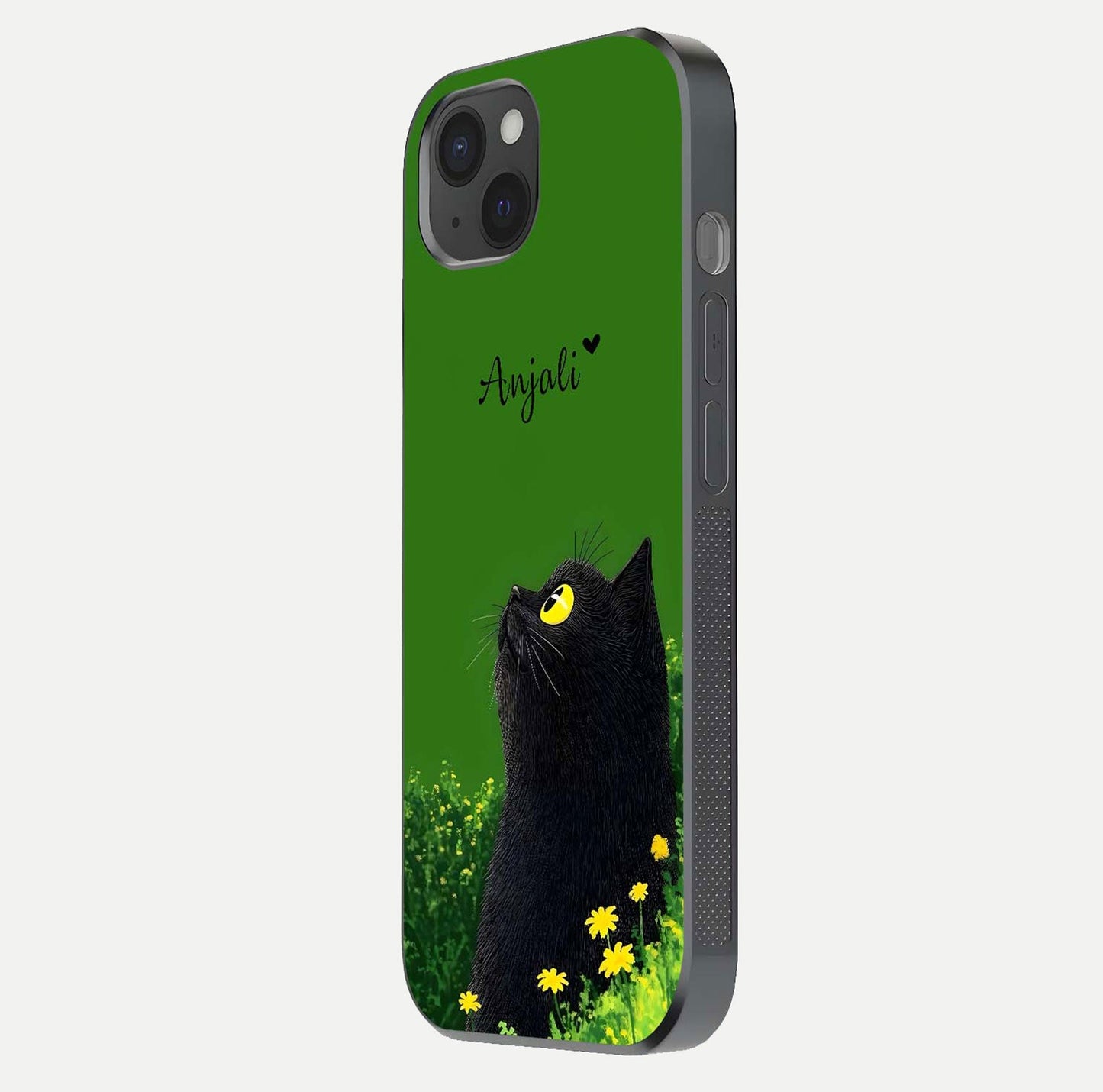 Emerald Cat Custom Name Glass Case for iPhone 15 Plus side-angle photo showing name clarity and glass reflection