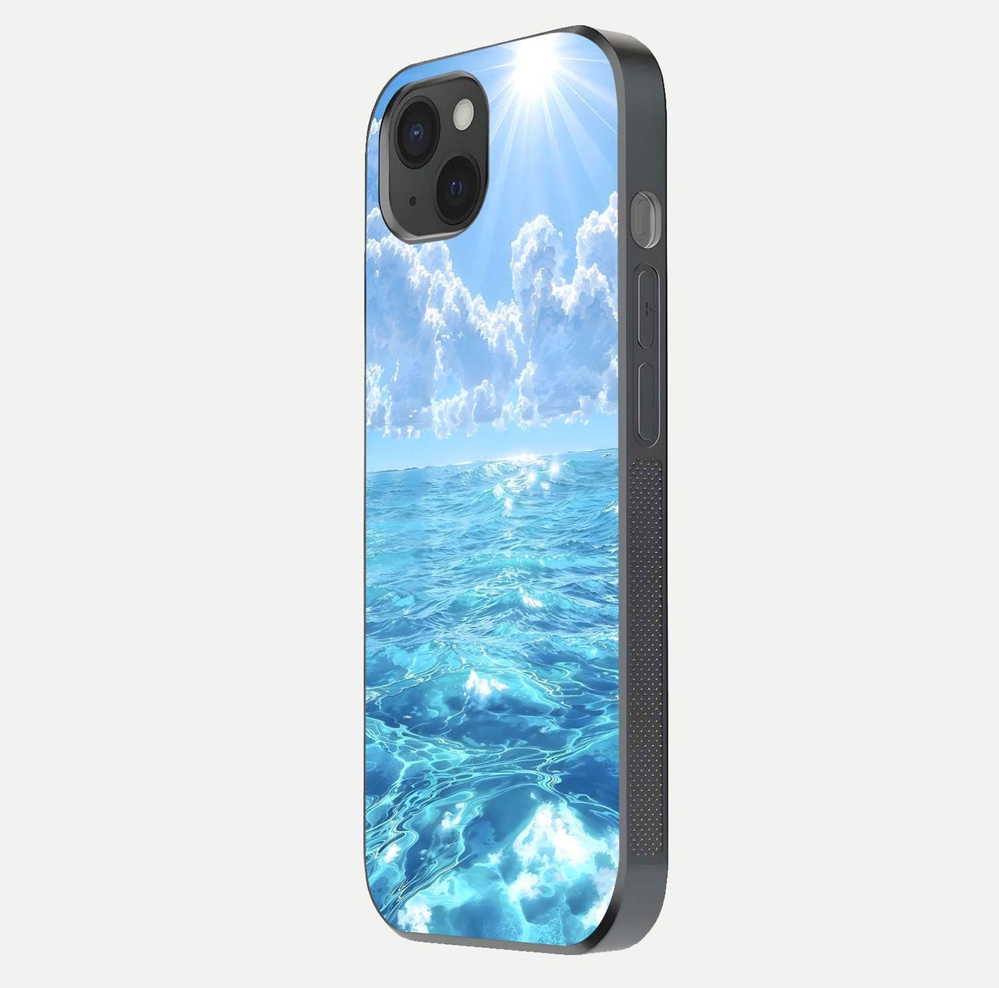 Endless Ocean Horizon Glass Case for iPhone 15 Plus side-angle photo showing reflection glow and wave tone