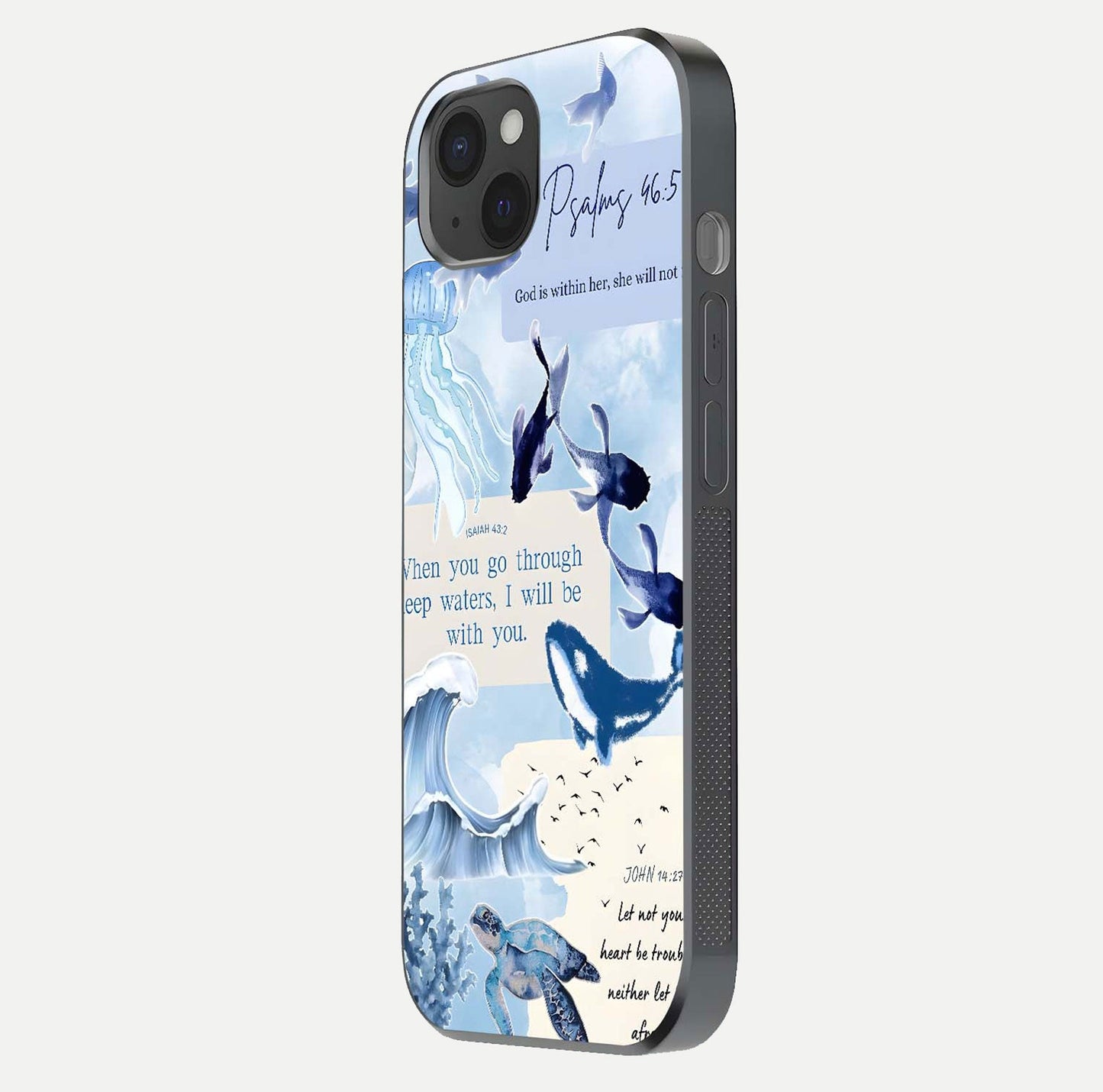 Faithful Ocean Promise Glass Case for iPhone 15 Plus side-angle photo showing reflection glow and color clarity