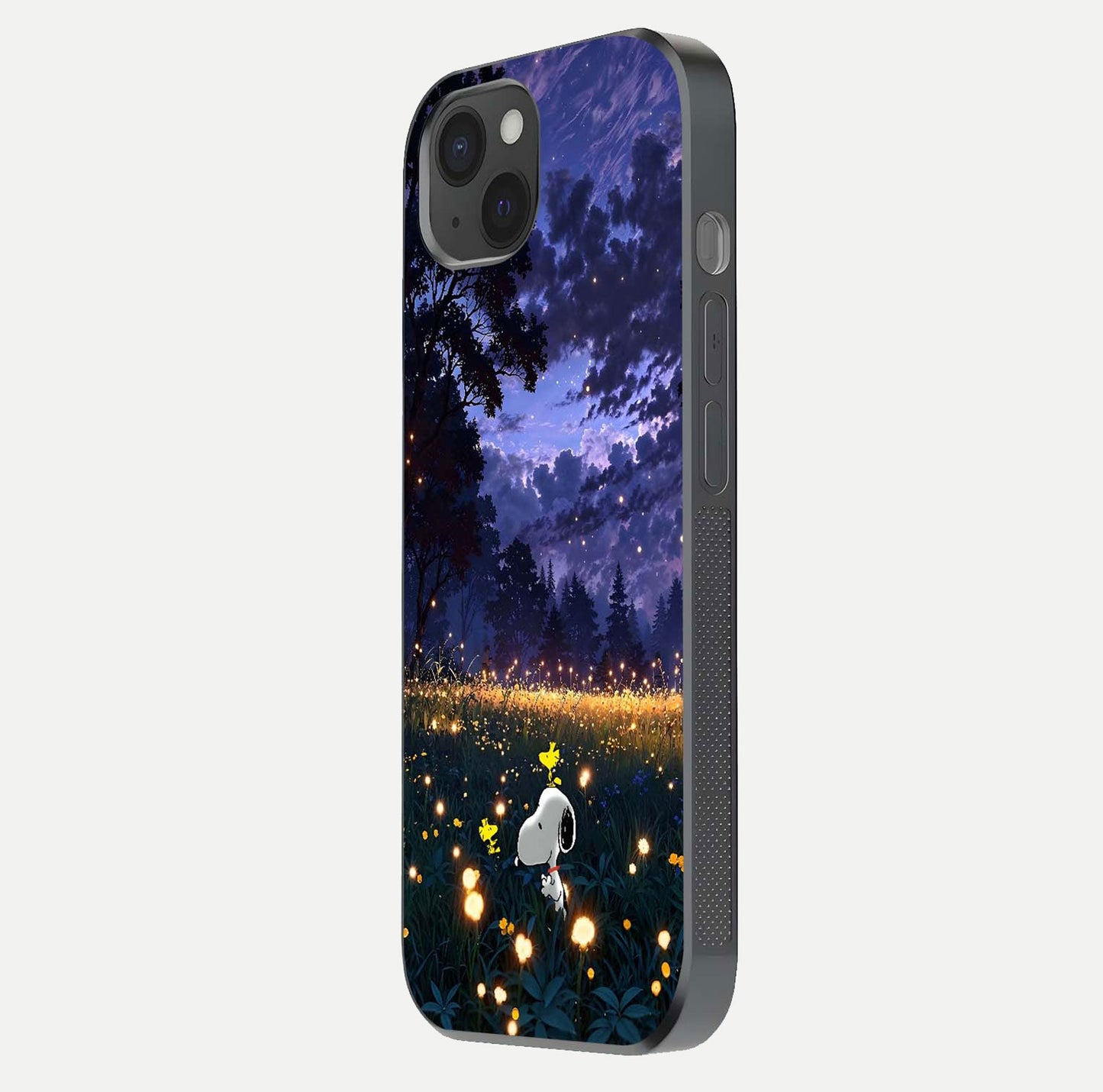 Firefly Meadow Magic Glass Case for iPhone 15 Plus side-angle image capturing glow reflection and fine texture