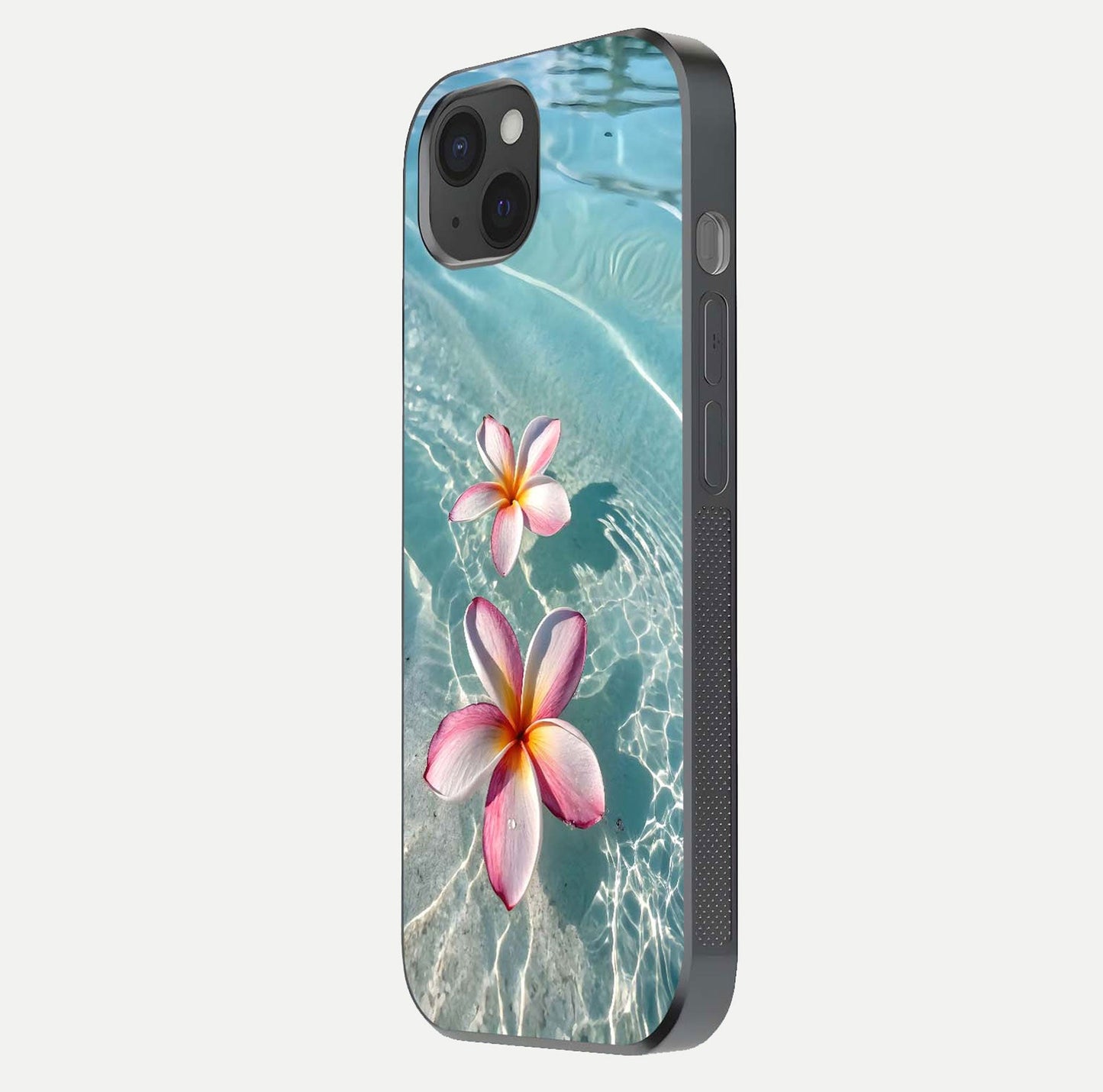 Floating Bloom Bliss Glass Case for iPhone 15 Plus side-angle photo showing smooth reflection and elegant curve
