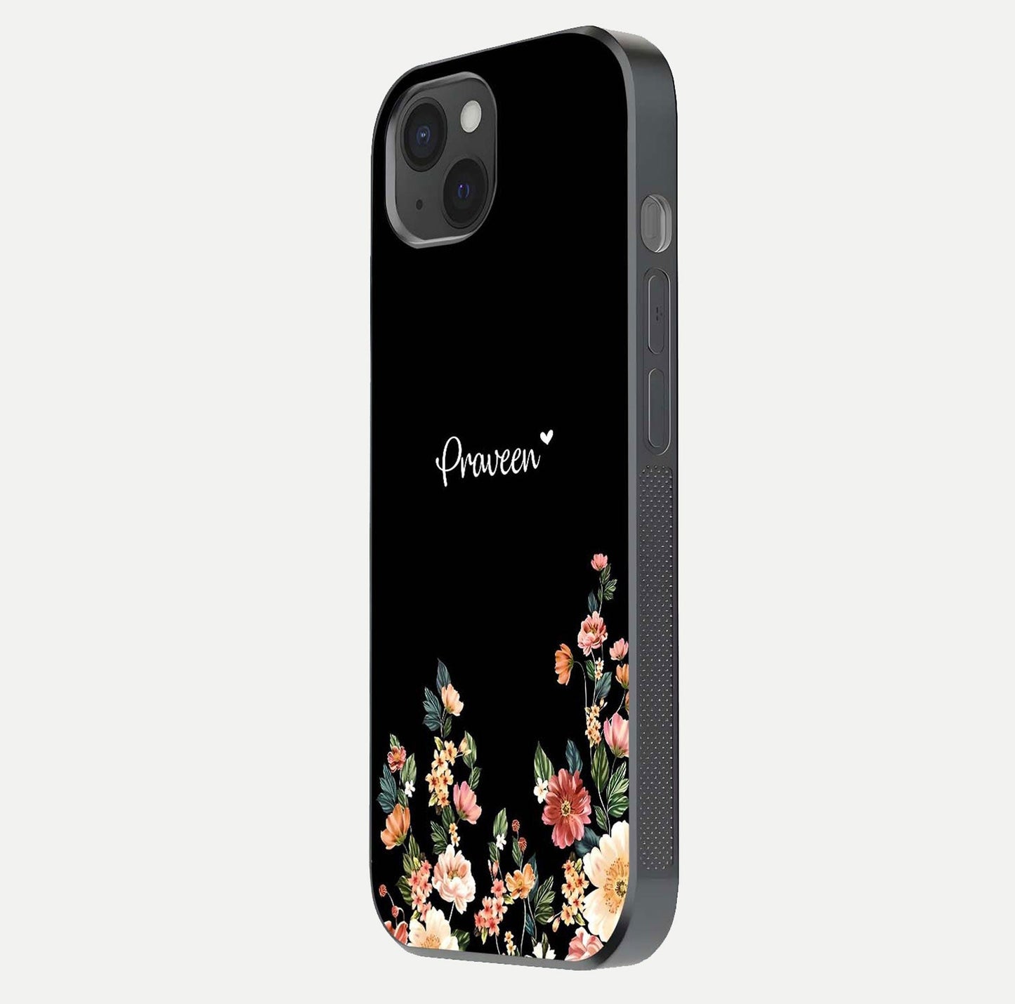 Floral Design Personalized Custom Name Glass Case for iPhone 15 Plus side-angle image showing name alignment and gloss shine