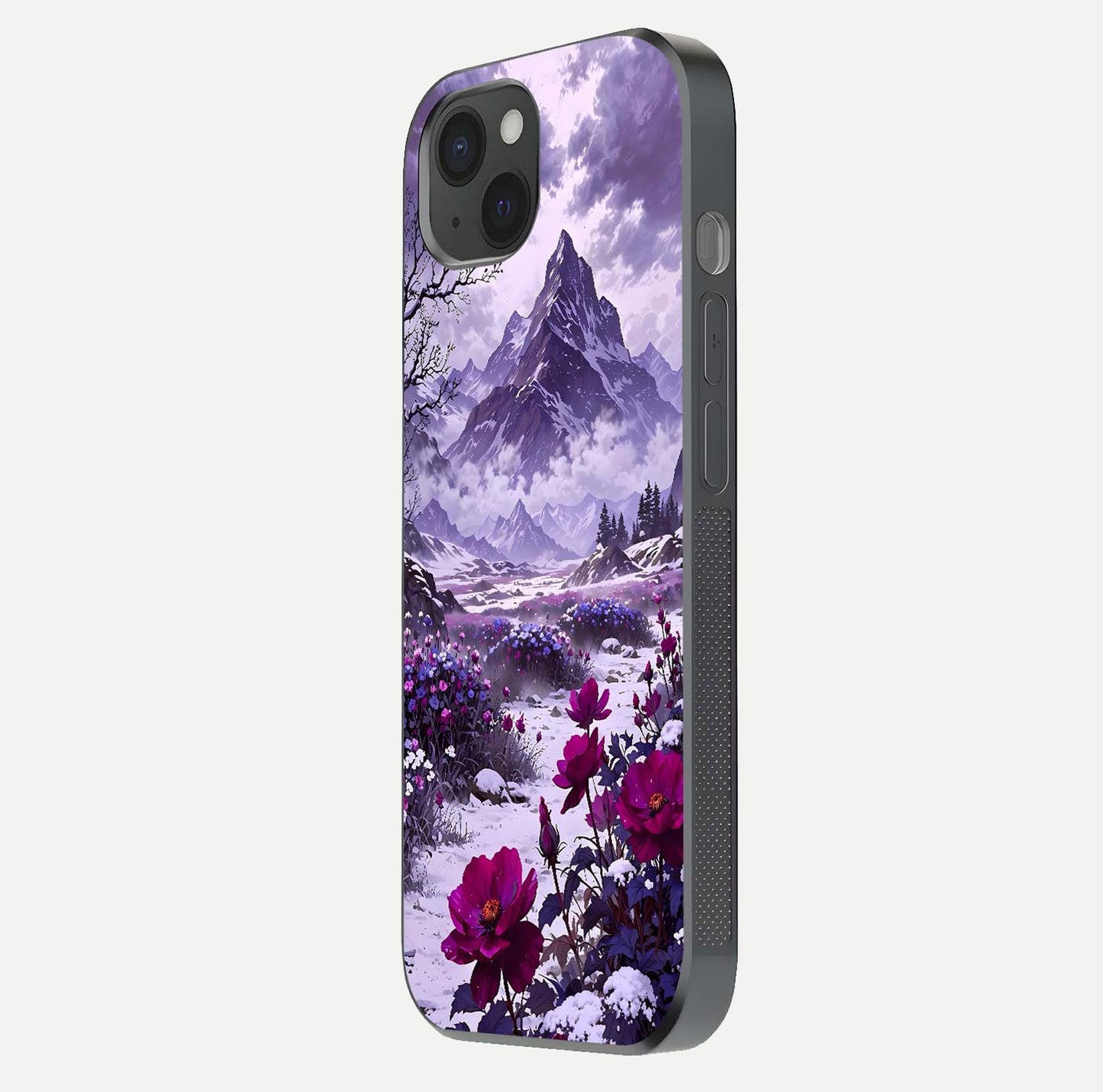 Flower Mountain View Glass Case for iPhone 15 Plus side-angle image showing gloss polish and smooth edge
