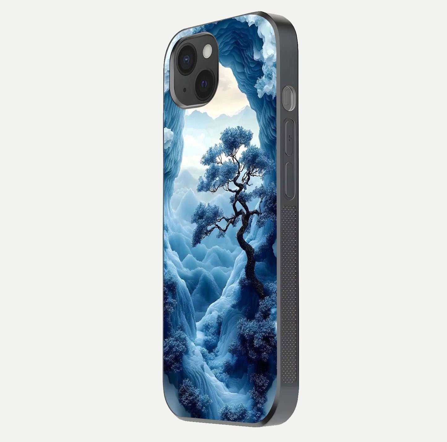 Frozen Serenity Gate Glass Case for iPhone 15 Plus side-angle photo showing reflective surface and cold tones