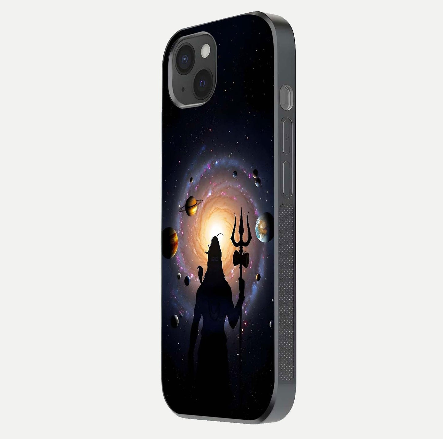 Galactic Shiva Vision Glass Case for iPhone 15 Plus side-angle image showing light reflection, glass edges, and spiritual cosmic theme
