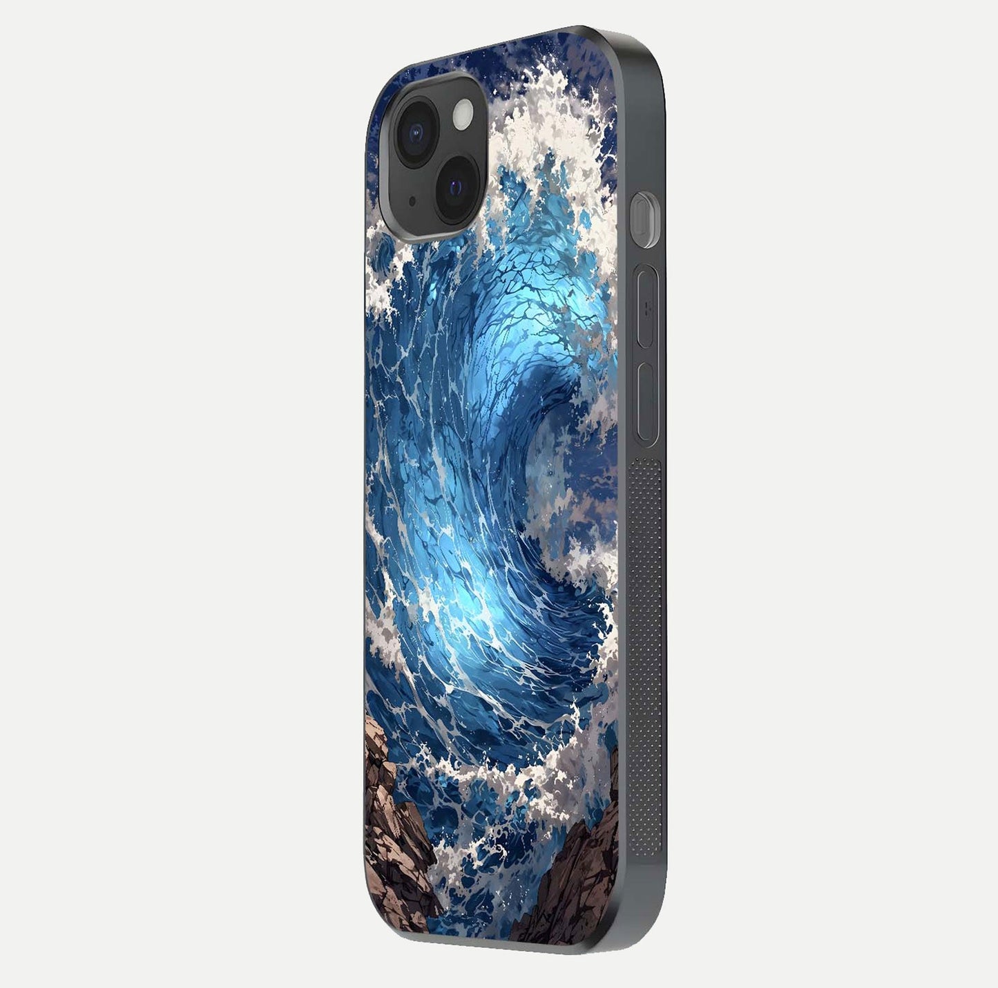 Giant Ocean Wave Glass Case for iPhone 15 Plus side-angle image showing light reflection and ocean detail