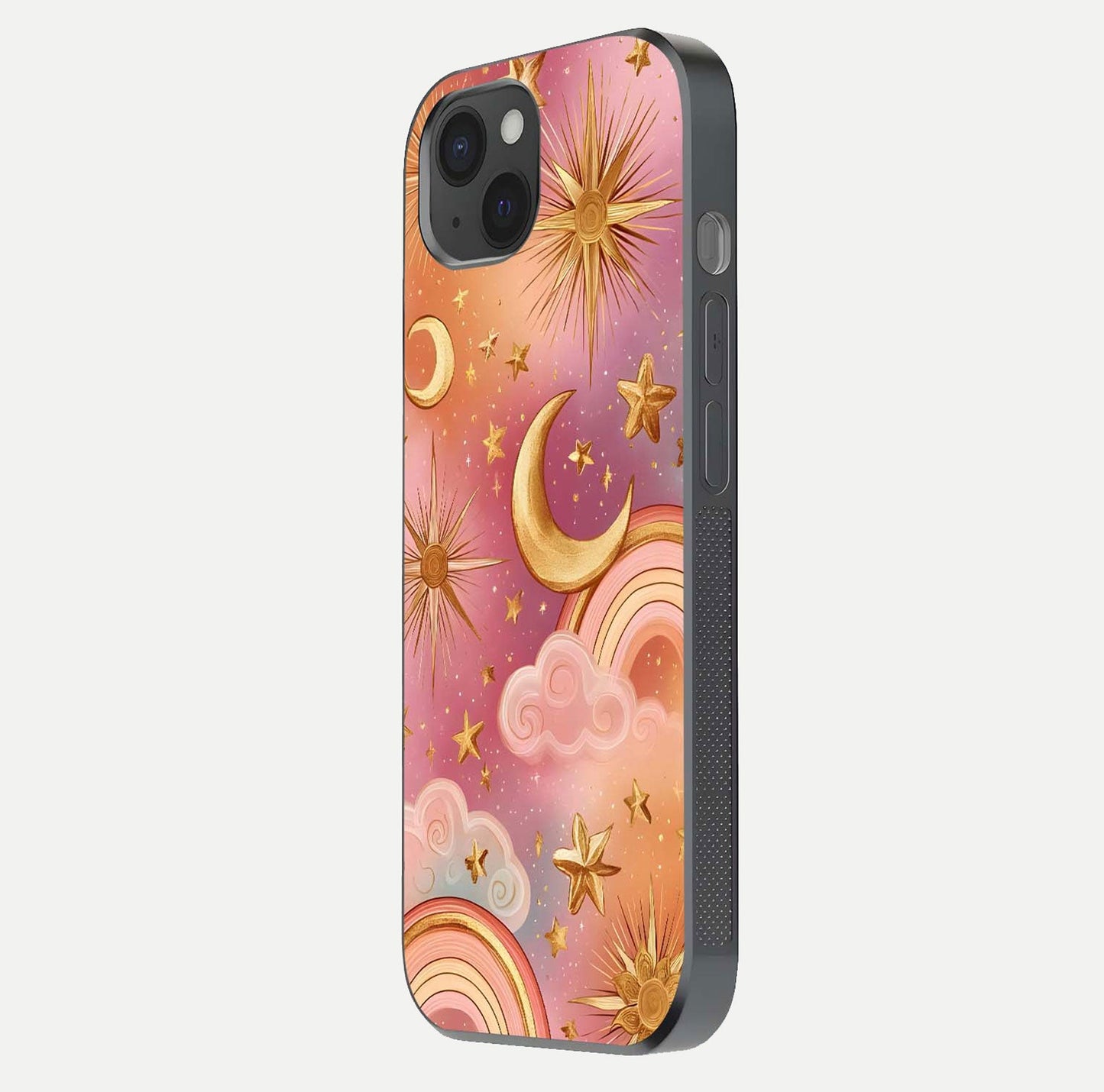 Golden Celestial Dreams Glass Case for iPhone 15 Plus side-angle image capturing reflection brightness and starry detail