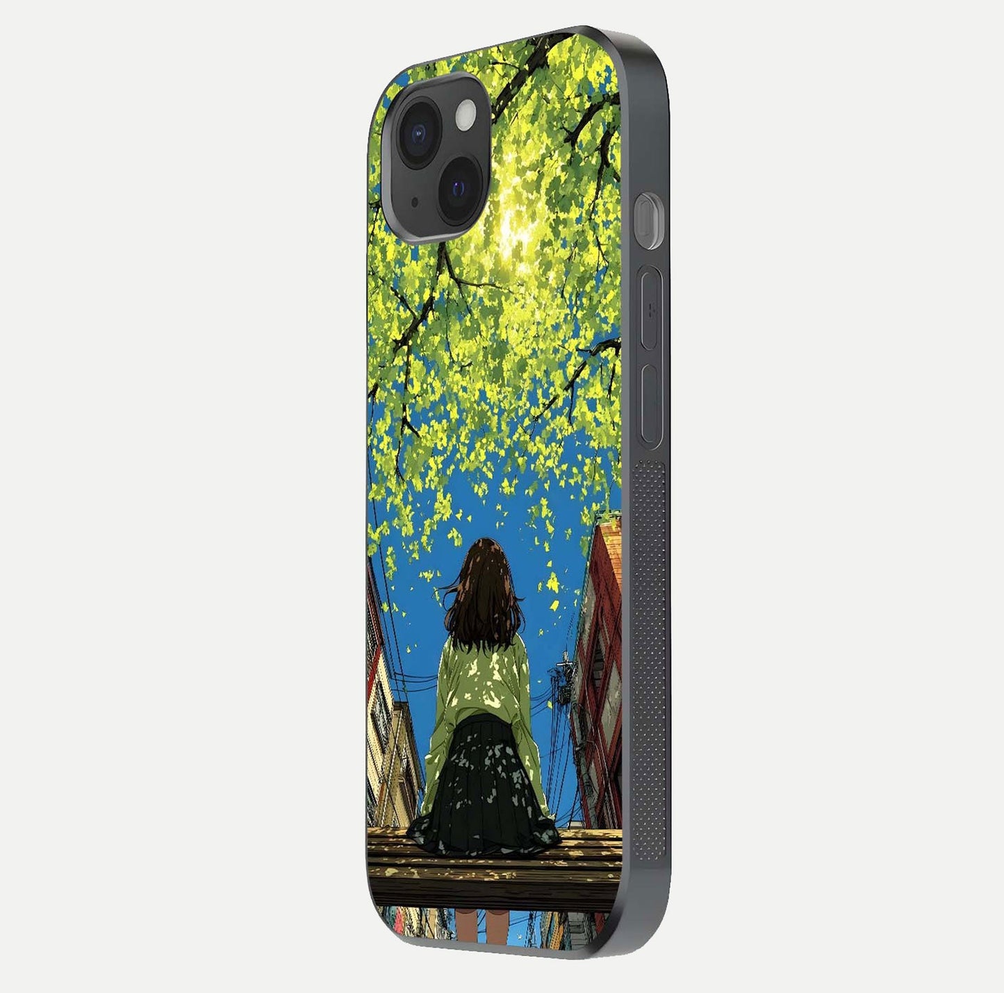 Golden Leaves Glow Glass Case for iPhone 15 Plus side-angle image showing reflection polish and elegant pattern