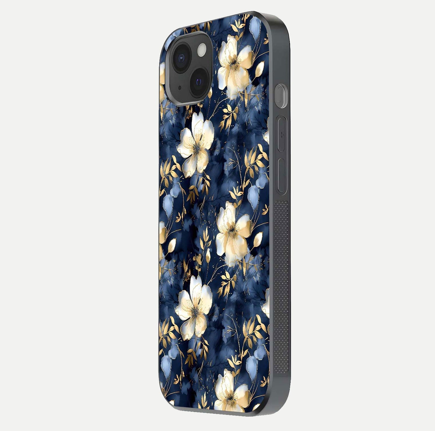 Golden Midnight Bloom Glass Case for iPhone 15 Plus side-angle image showing shine depth and elegant edge design
