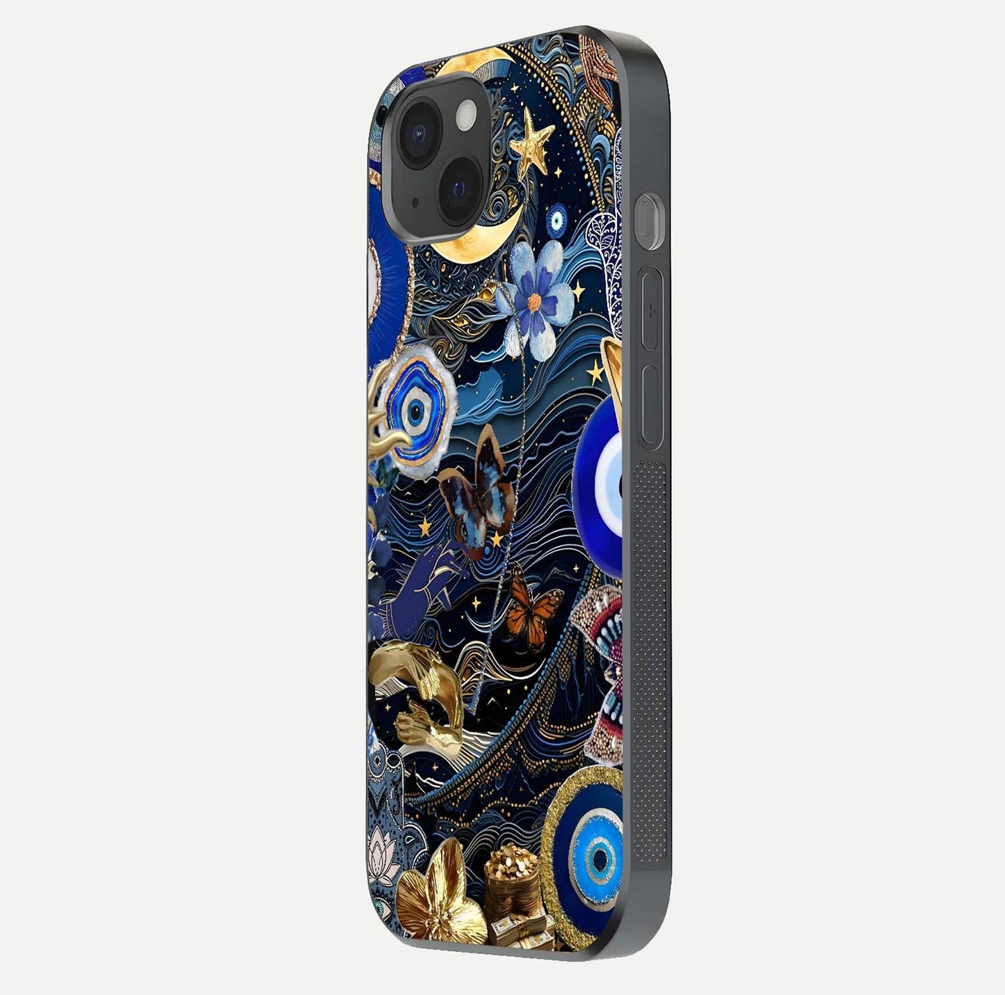 Golden Moon Magic Glass Case for iPhone 15 Plus side-angle image showing reflection glow, curved polish, and moon detail