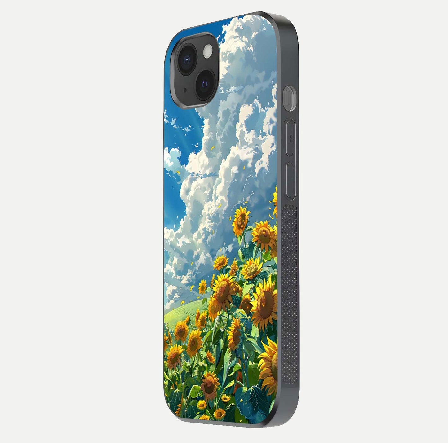 Golden Sun Glory Glass Case for iPhone 15 Plus side-angle image showing reflection glow and luminous texture