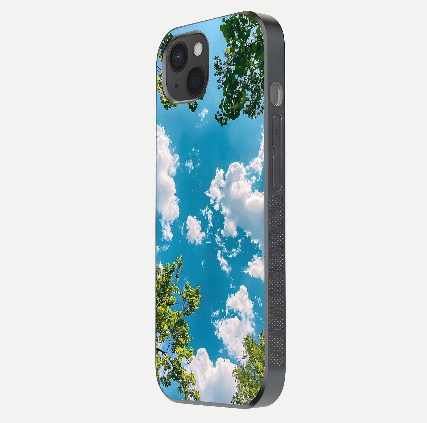 Greenery Sky Glass Case for iPhone 15 Plus side-angle image showing reflection glow and nature-themed pattern