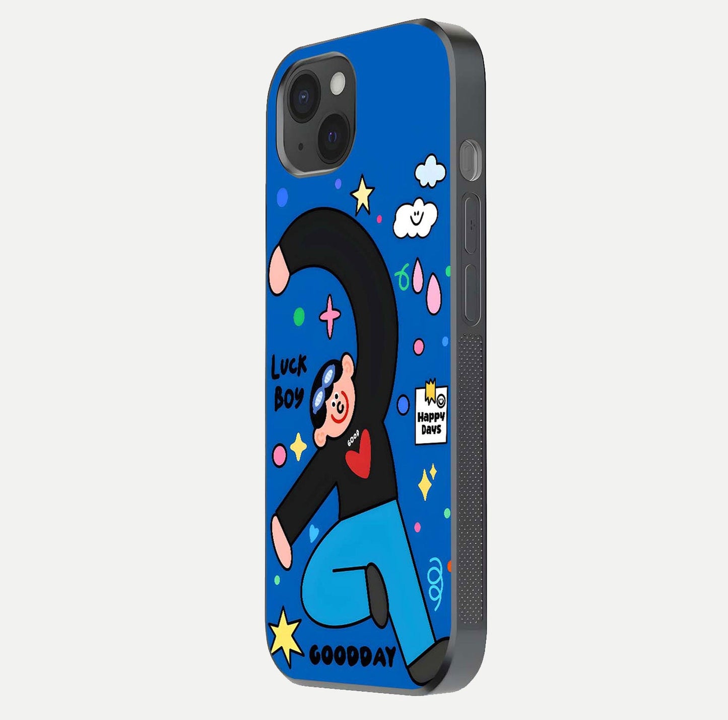 Happy Luck Vibe Glass Case for iPhone 15 Plus side-angle image showing reflection polish and vivid charm design